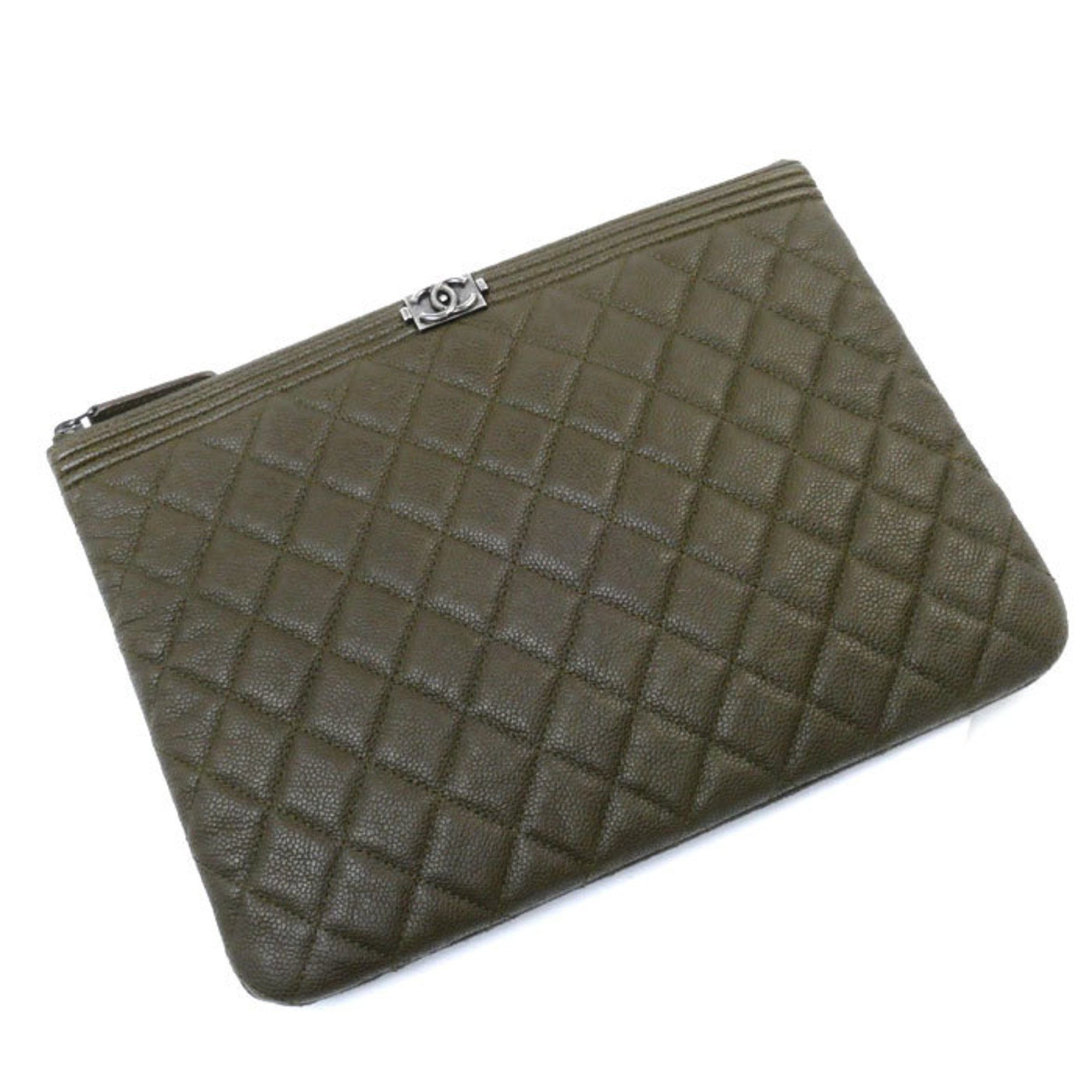 CHANEL Boy Chanel Caviar Skin Clutch Bag Khaki Women's