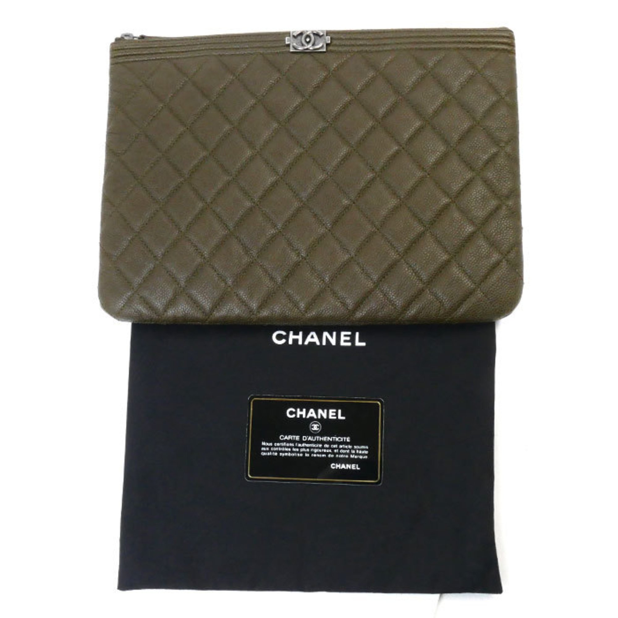 CHANEL Boy Chanel Caviar Skin Clutch Bag Khaki Women's