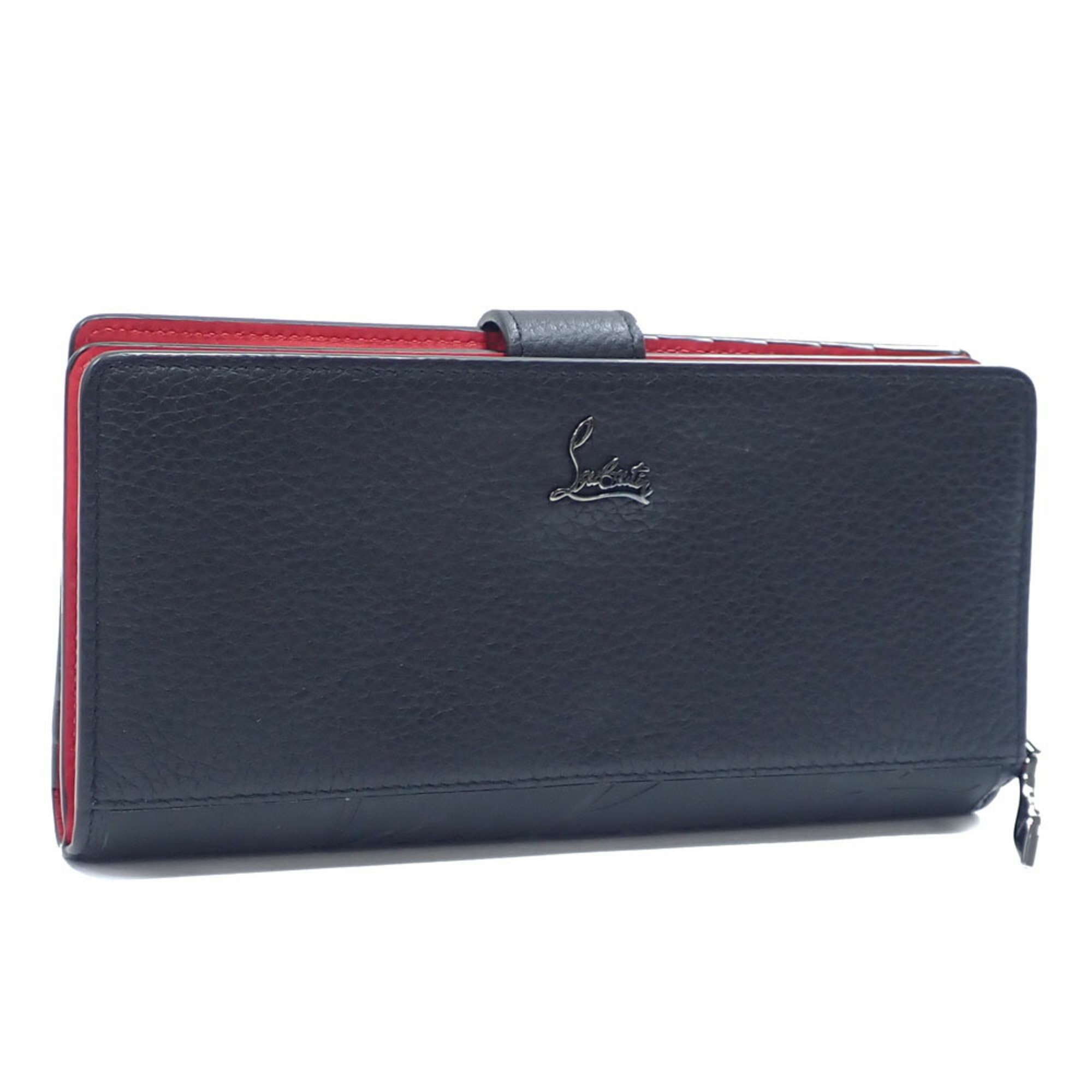 Christian Louboutin Bi-fold Long Wallet Paloma Black Red Leather 3195086 Round Women Men Unisex A215251