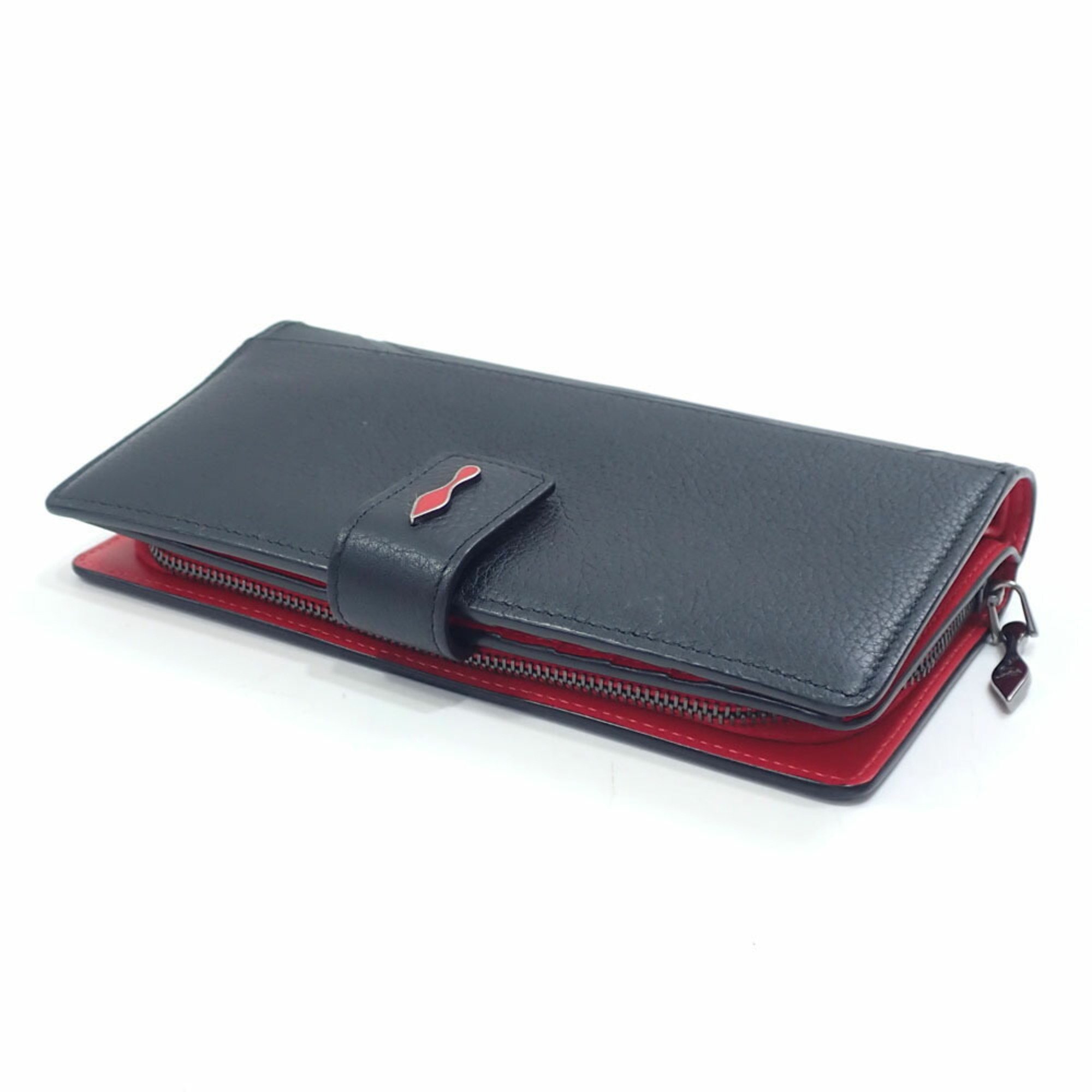 Christian Louboutin Bi-fold Long Wallet Paloma Black Red Leather 3195086 Round Women Men Unisex A215251