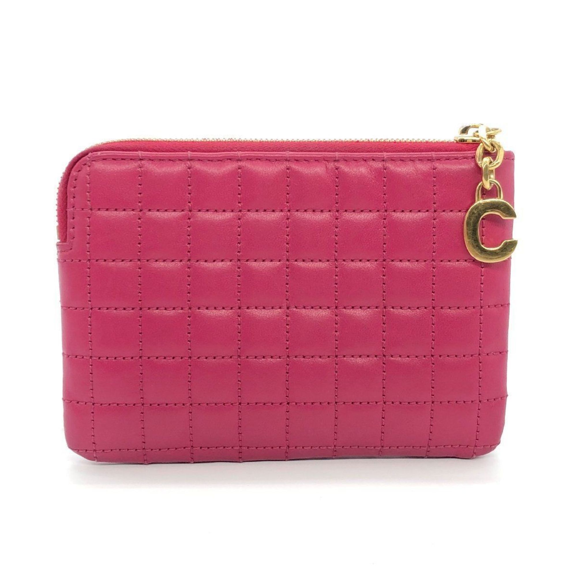 CELINE Quilted Coin Case Wallet Compact Purse Pouch Women's Pink Red C Charm