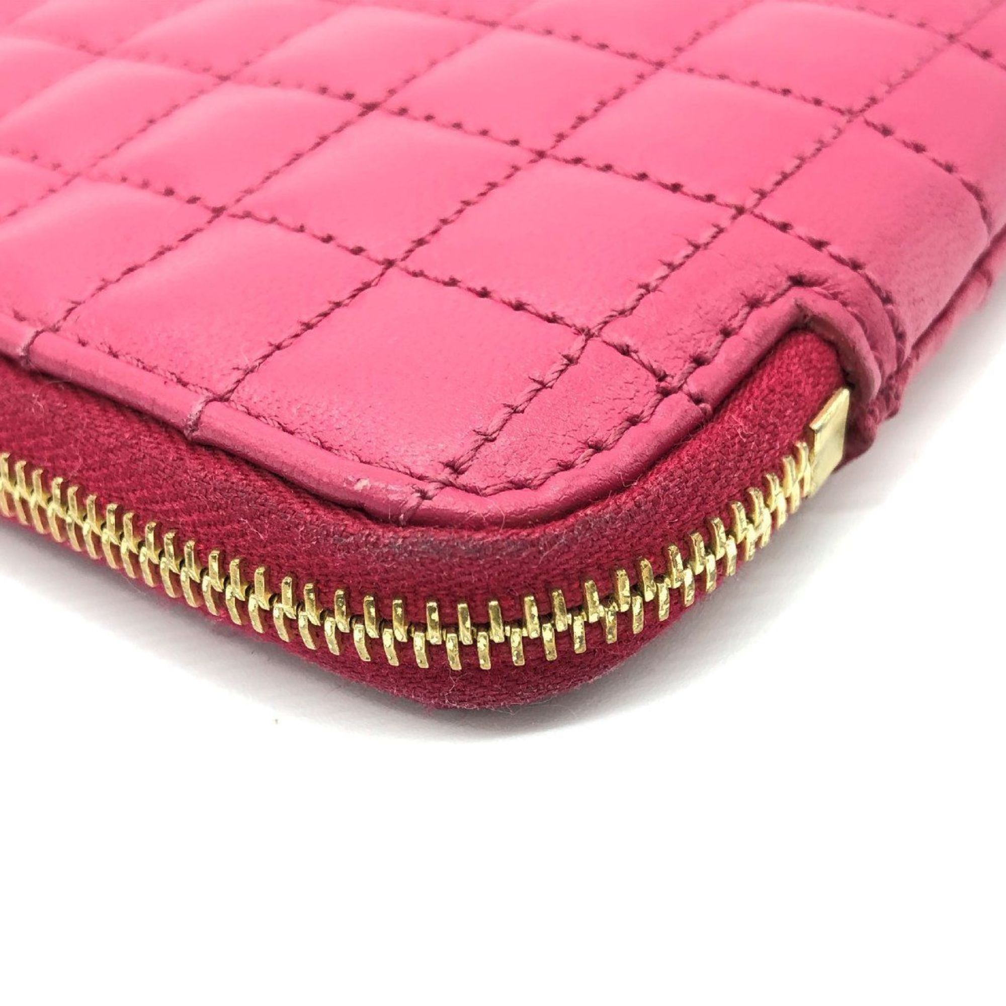 CELINE Quilted Coin Case Wallet Compact Purse Pouch Women's Pink Red C Charm