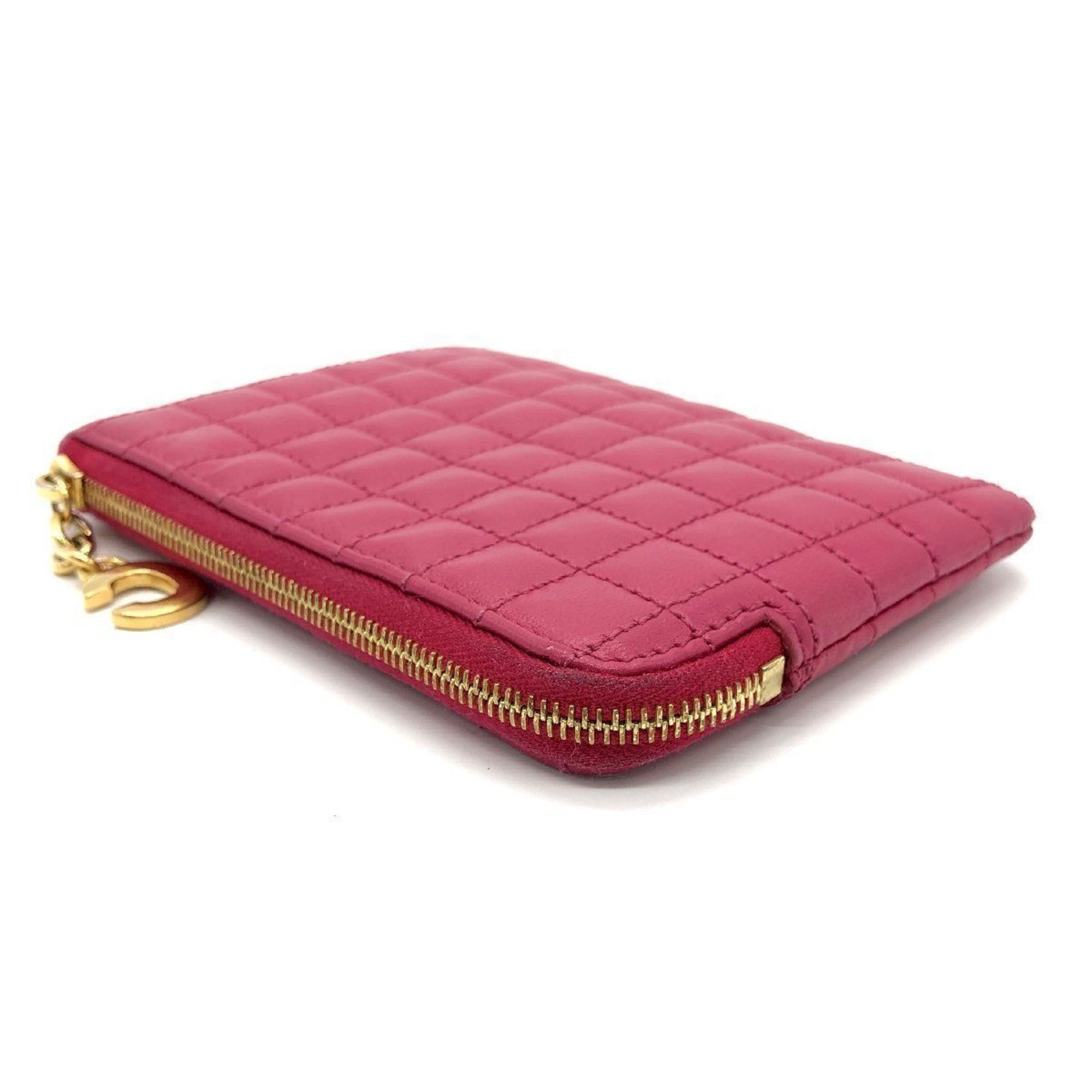 CELINE Quilted Coin Case Wallet Compact Purse Pouch Women's Pink Red C Charm