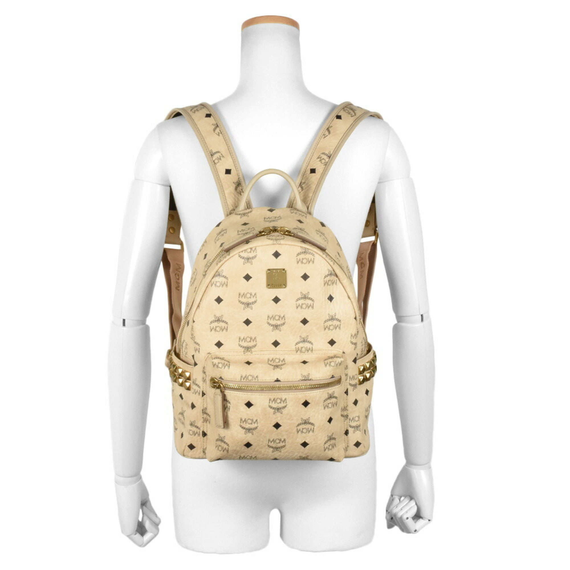 MCM Visetos Studded Rucksack Daypack Backpack MMK6SVE37IG001 Beige Women's