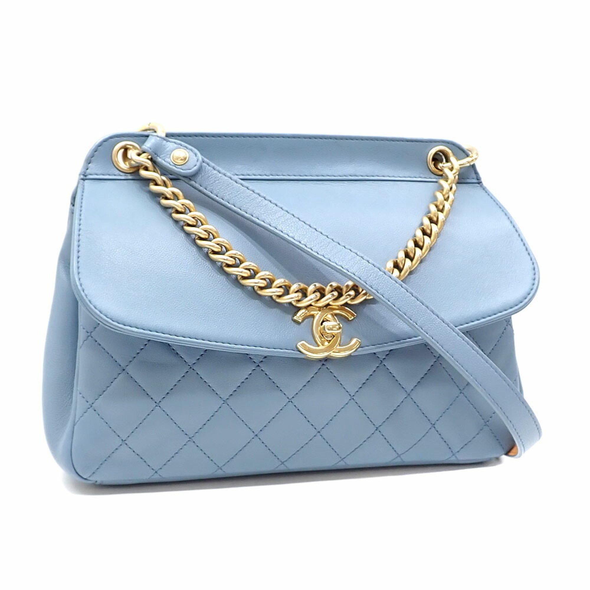 Chanel shoulder bag for women, light blue, blue leather, chain hand