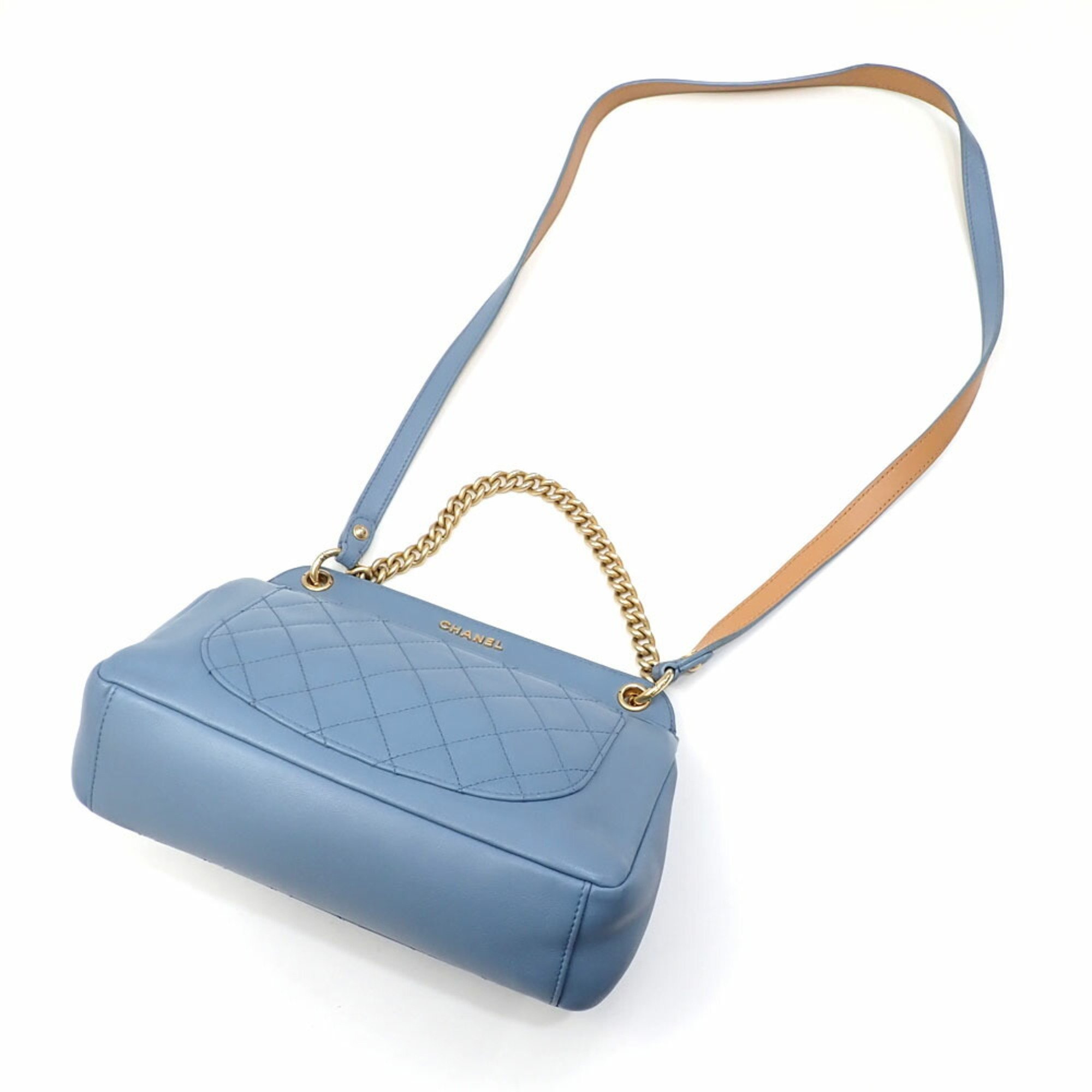 Chanel shoulder bag for women, light blue, blue leather, chain hand