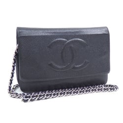 Chanel Chain Shoulder Wallet for Women, Black, Caviar Skin, Leather, Long Wallet, Coco Mark