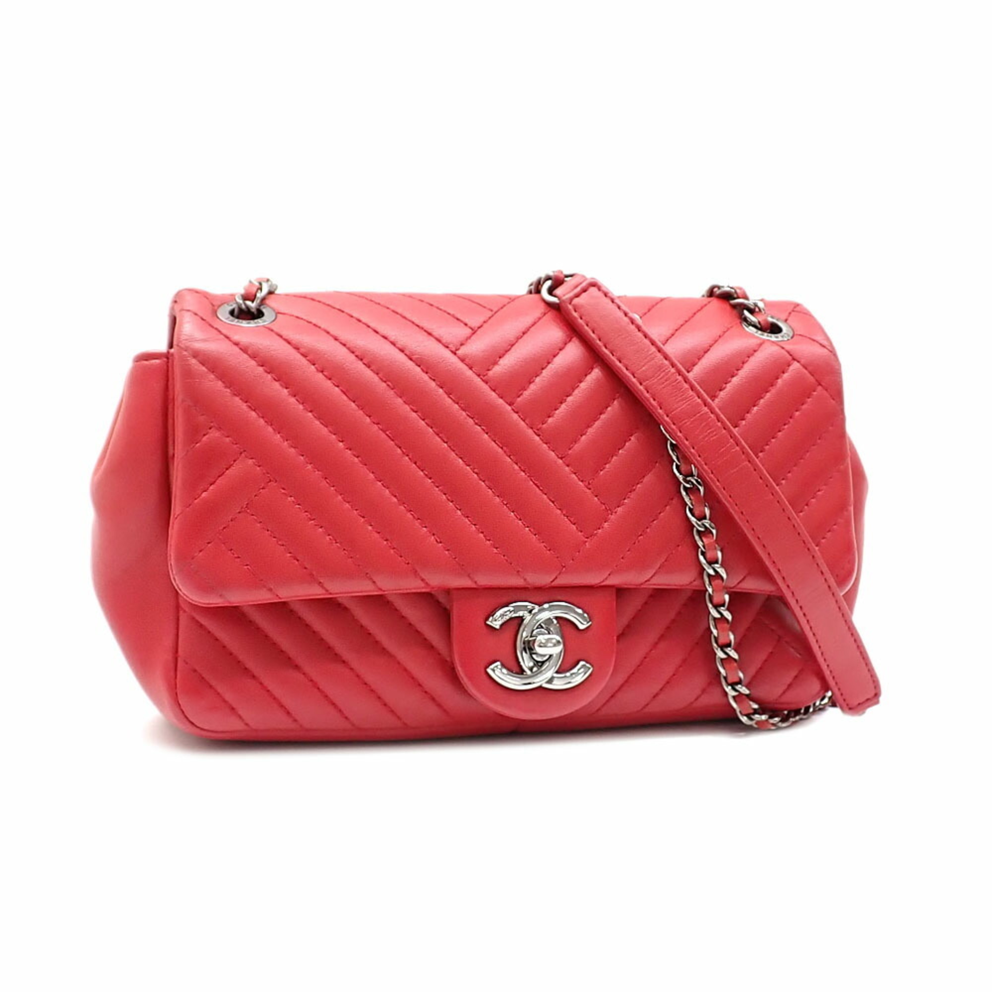 Chanel Chain Shoulder Bag for Women, Red, Lambskin, Coco Mark, Cross Stitch