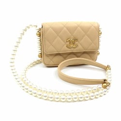 Chanel Shoulder Pochette Matelasse Women's Beige Lambskin Bag Coco Mark Faux Pearl