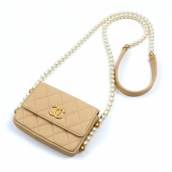 Chanel Shoulder Pochette Matelasse Women's Beige Lambskin Bag Coco Mark Faux Pearl