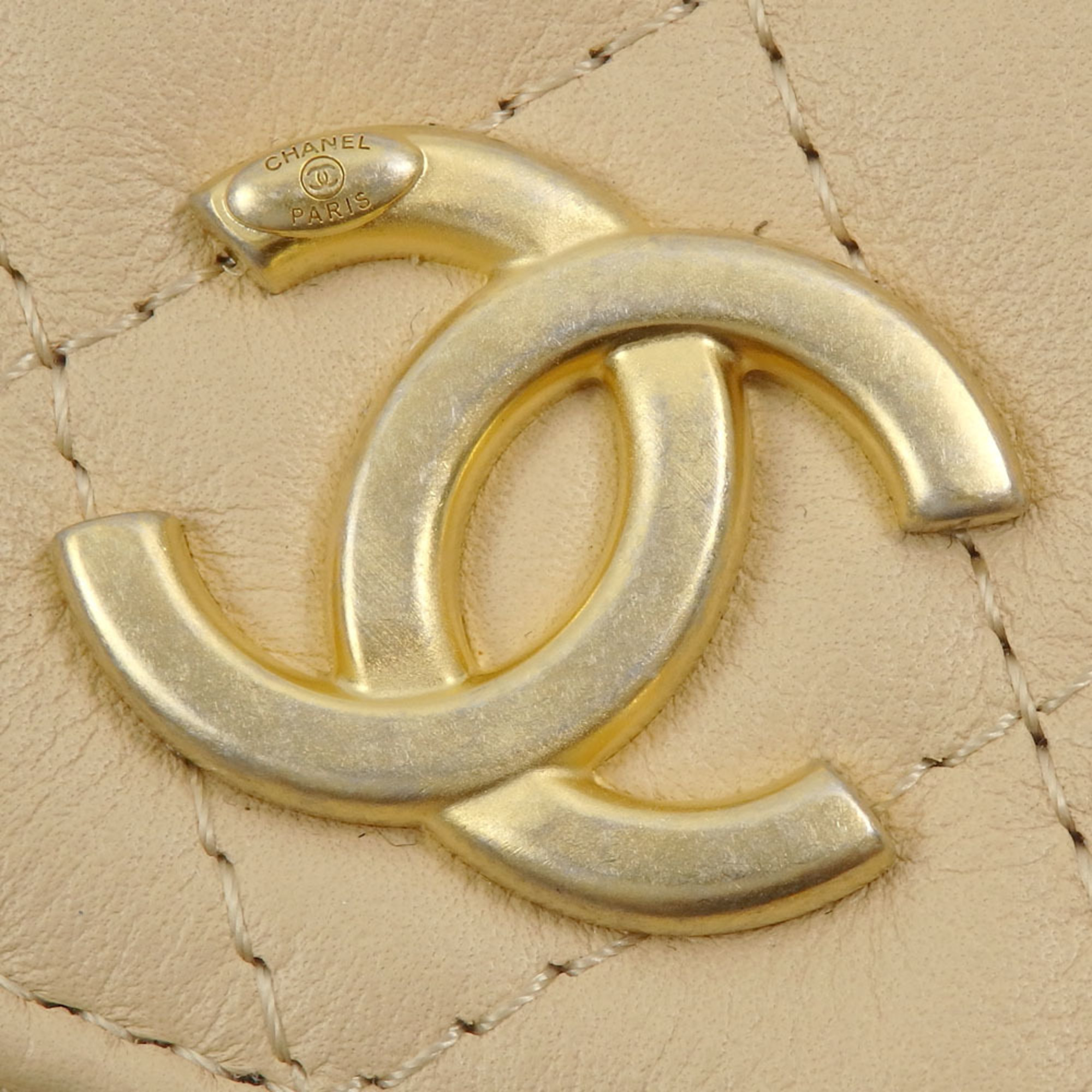 Chanel Shoulder Pochette Matelasse Women's Beige Lambskin Bag Coco Mark Faux Pearl