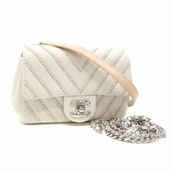 Chanel Shoulder Bag V Stitch Women's White Leather Studs Coco Mark