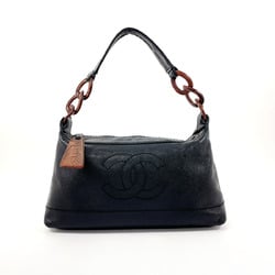 CHANEL Coco Mark Wood-look Chain Shoulder Bag Matte Caviar Skin Black Women's