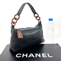 CHANEL Coco Mark Wood-look Chain Shoulder Bag Matte Caviar Skin Black Women's