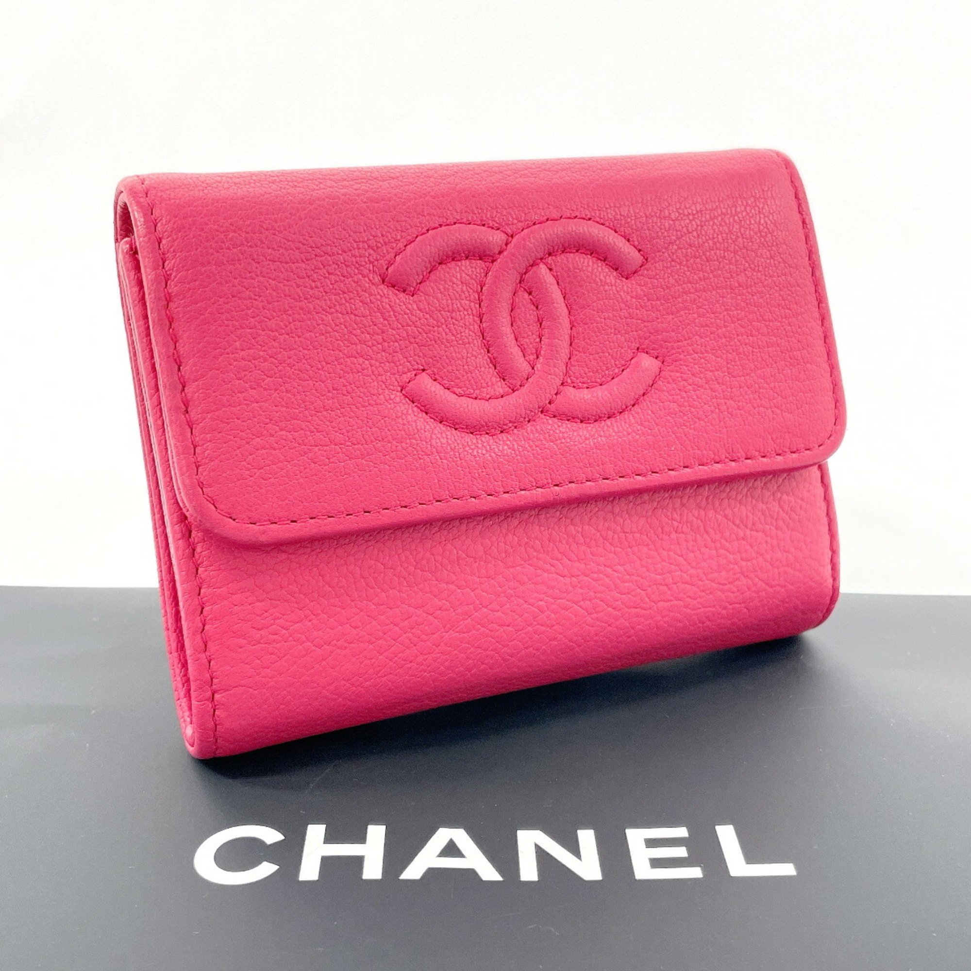 CHANEL Coin Case Coco Mark Card Leather Pink Women's