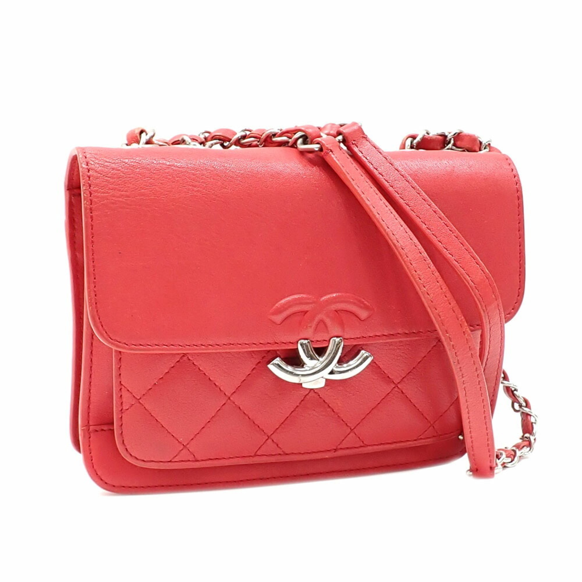 Chanel W Chain Shoulder Bag Matelasse Half Coco Women's Red Mark