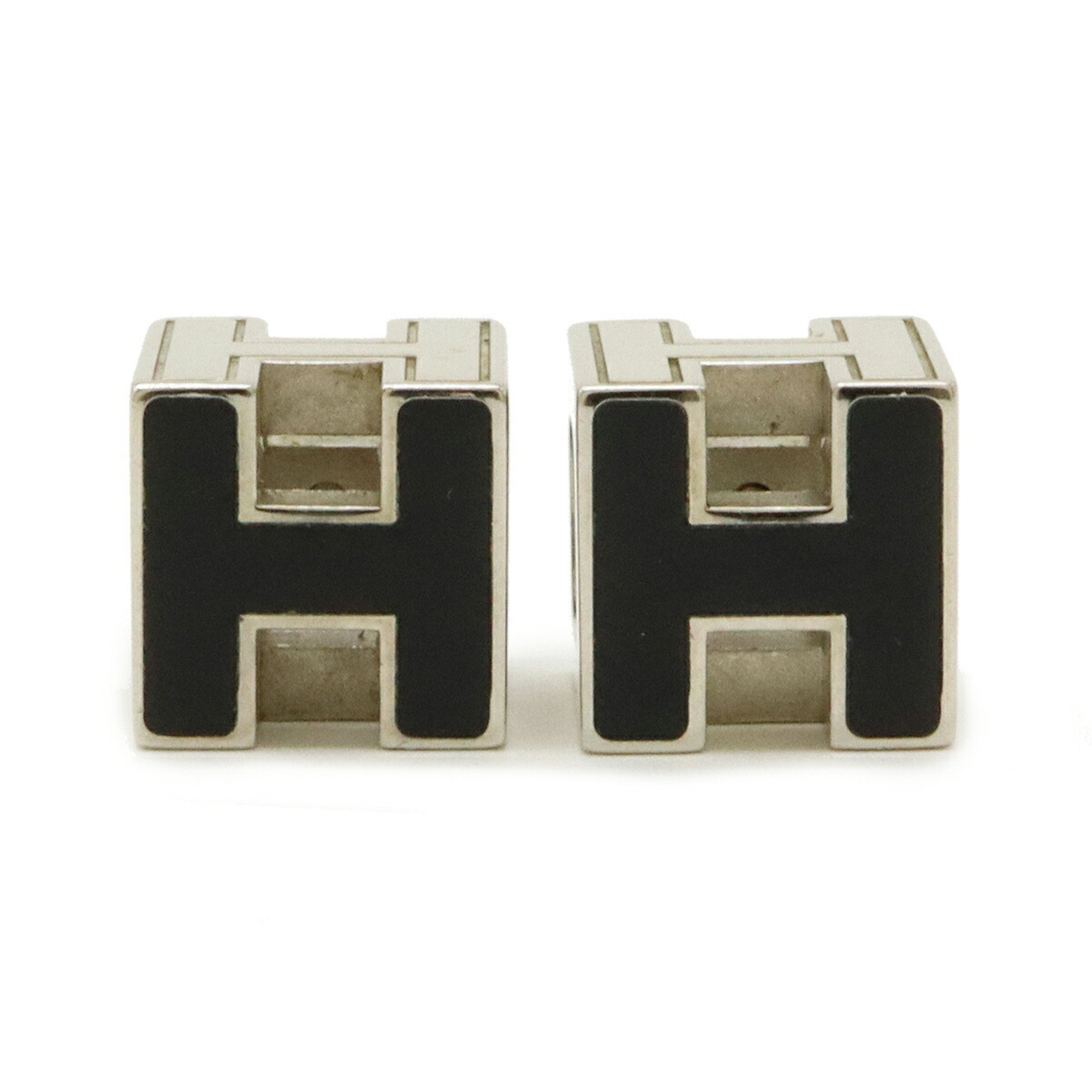 HERMES Hermes Cage d'Ache H Cube Earrings Black Silver