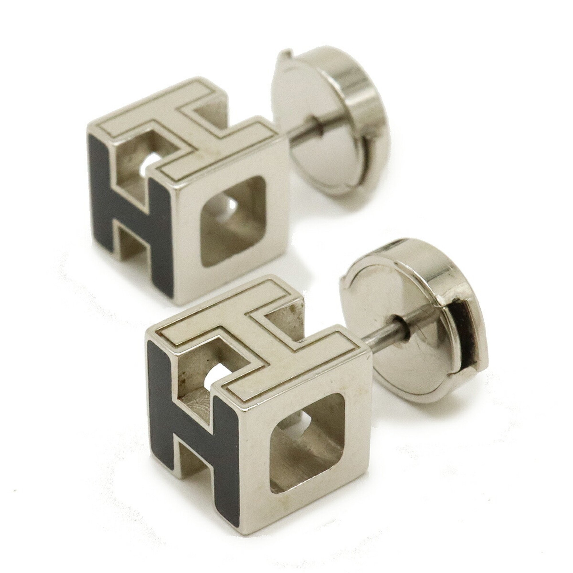 HERMES Hermes Cage d'Ache H Cube Earrings Black Silver