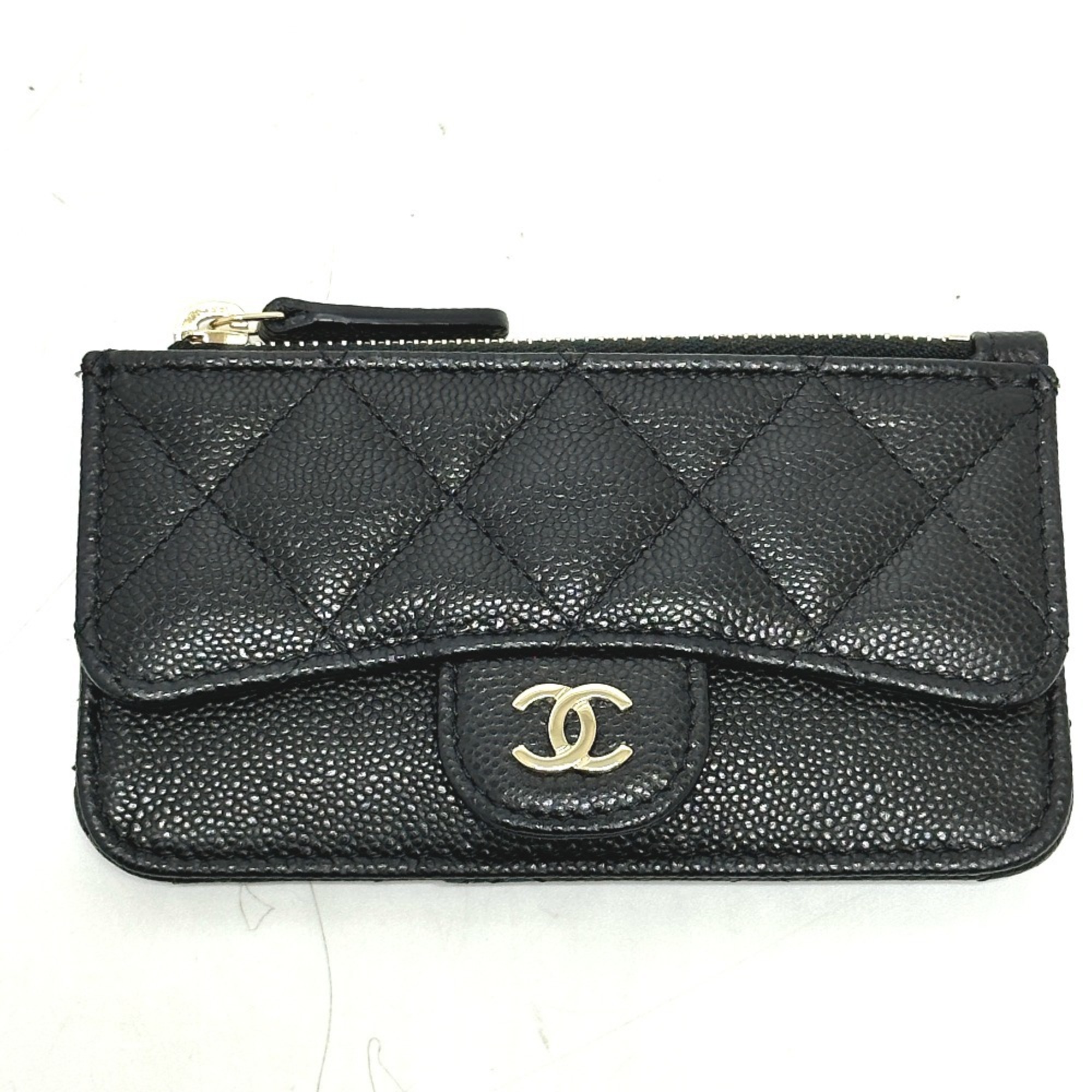 CHANEL AP2570 Coco Mark Matelasse Classic Zip Business Card Holder/Card Case Wallet/Coin Caviar Skin Women's Black