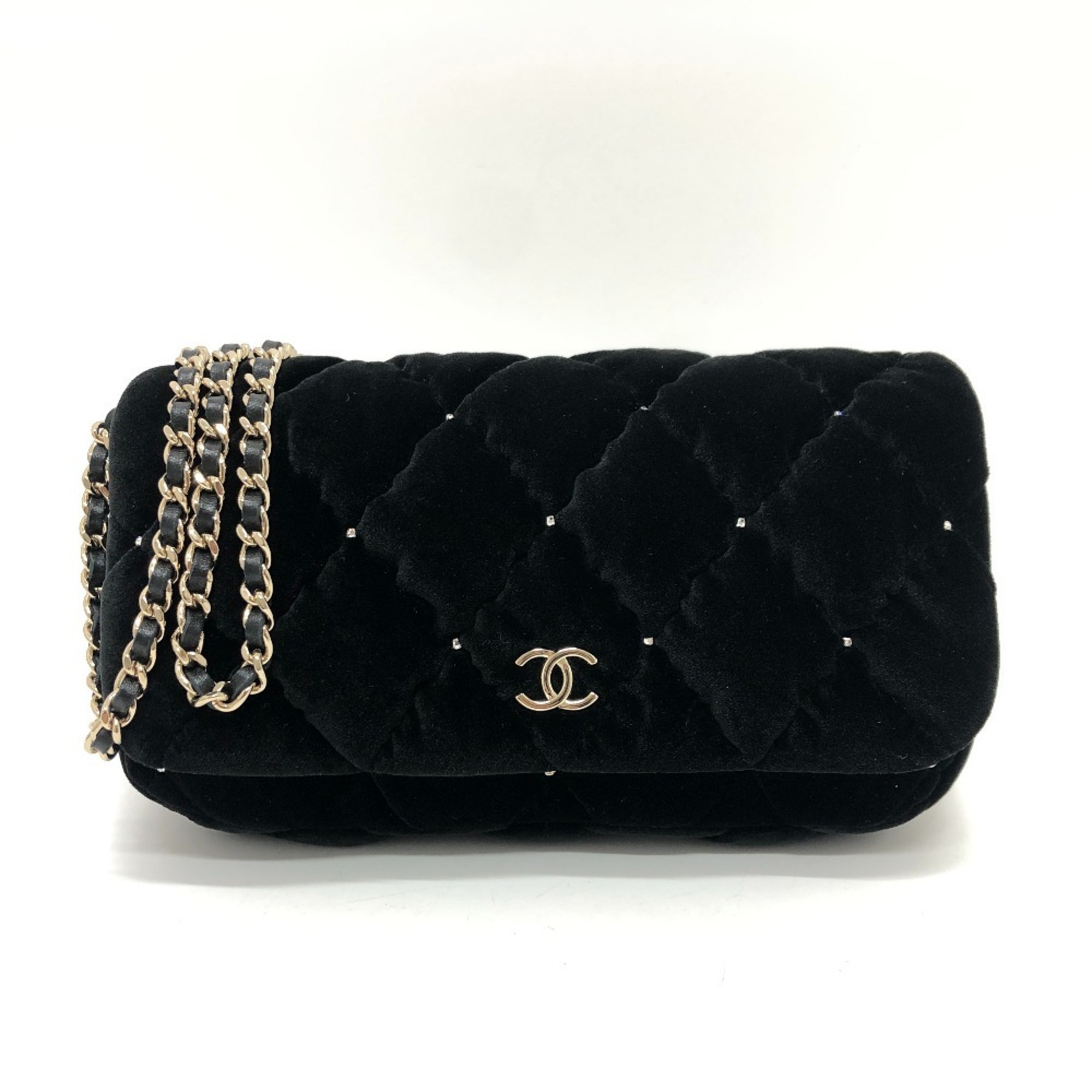 CHANEL Velour Matelasse Rhinestone Chain Shoulder Bag Women's Black