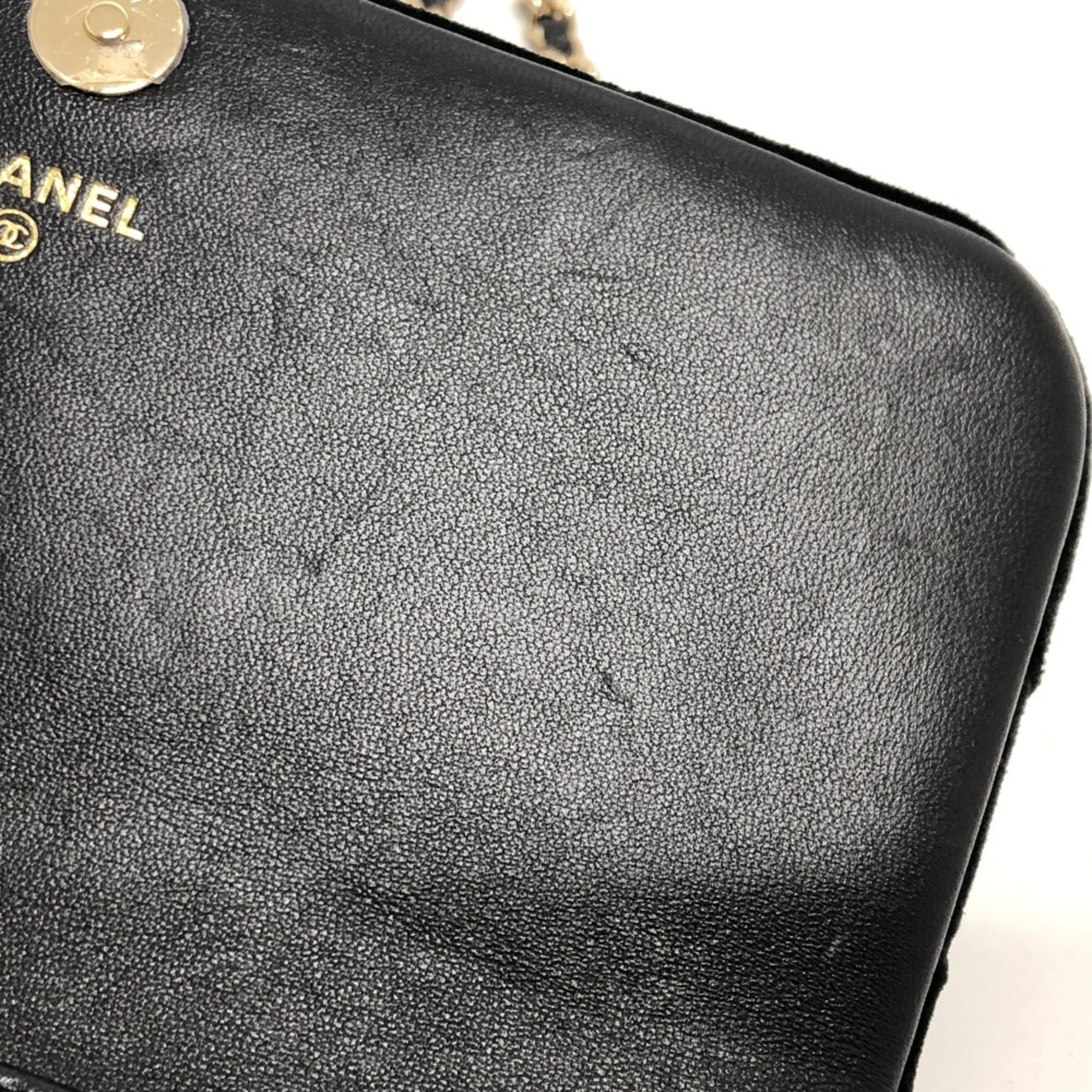 CHANEL Velour Matelasse Rhinestone Chain Shoulder Bag Women's Black