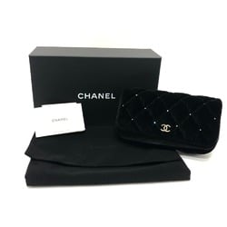 CHANEL Velour Matelasse Rhinestone Chain Shoulder Bag Women's Black