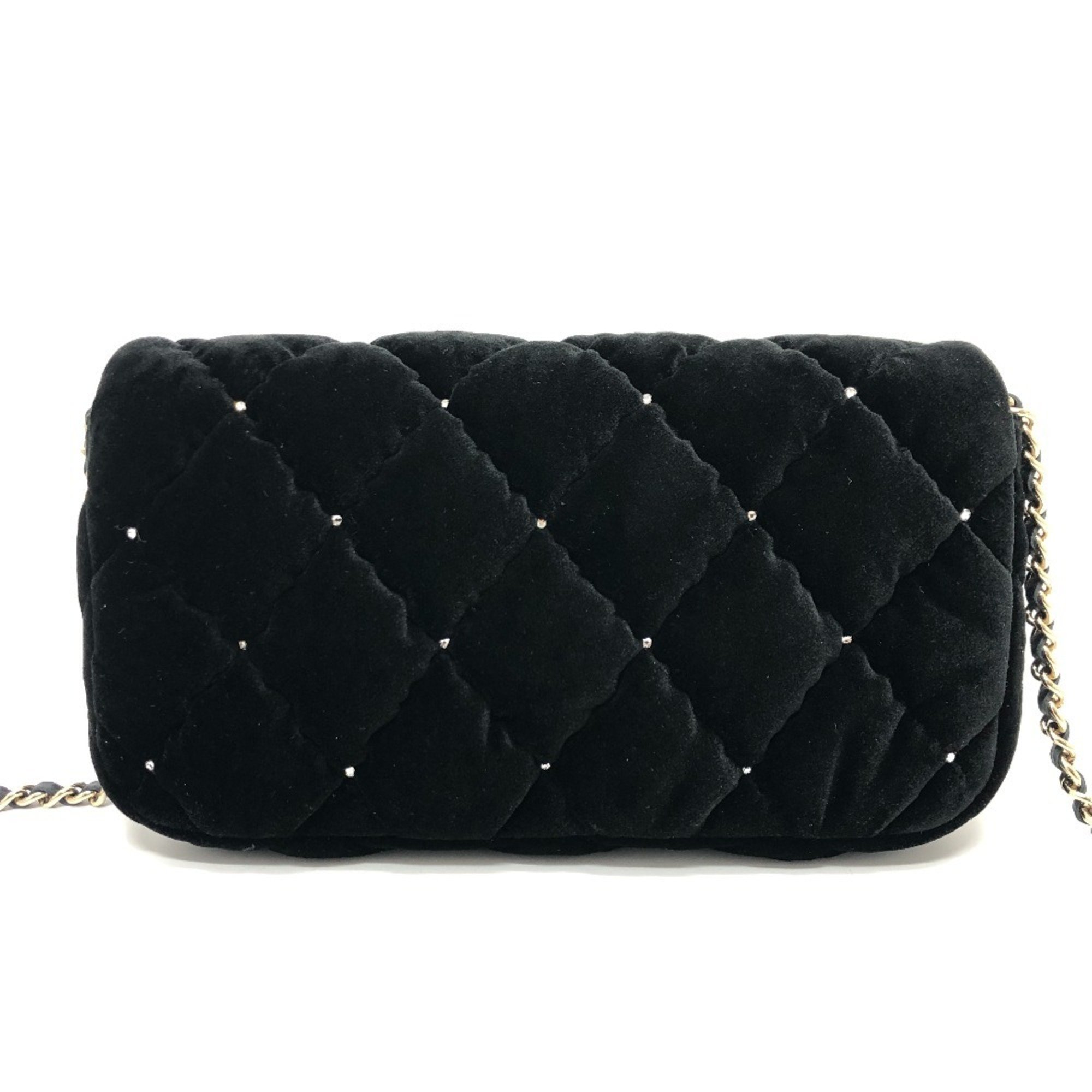 CHANEL Velour Matelasse Rhinestone Chain Shoulder Bag Women's Black