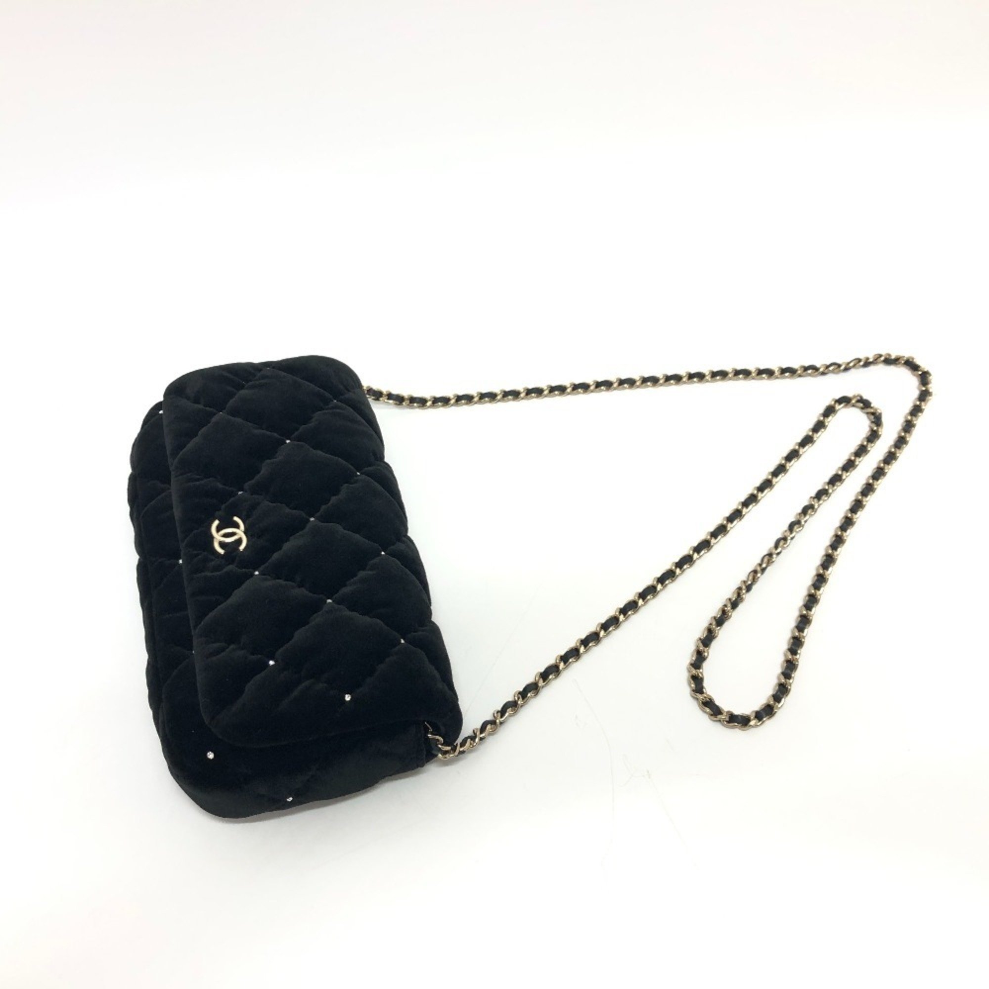 CHANEL Velour Matelasse Rhinestone Chain Shoulder Bag Women's Black