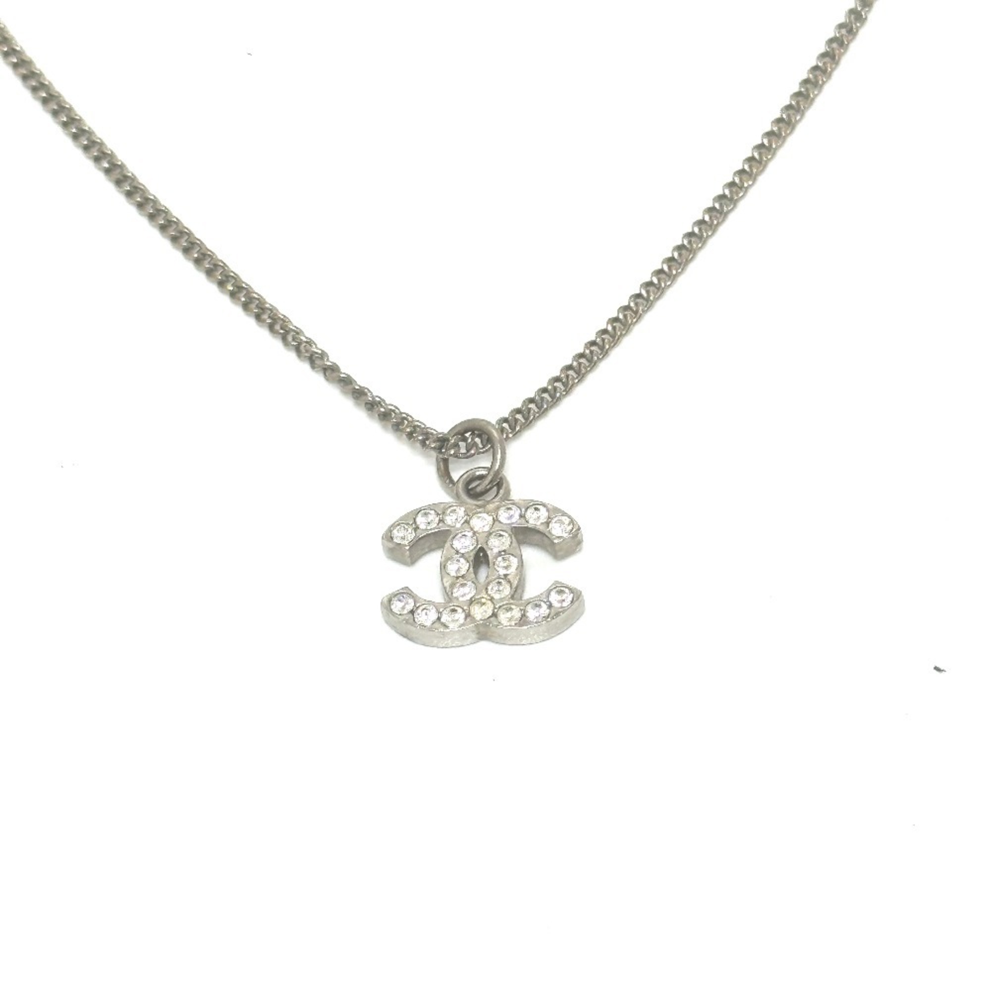 CHANEL B10V Coco Mark Rhinestone Necklace Metal Women's White