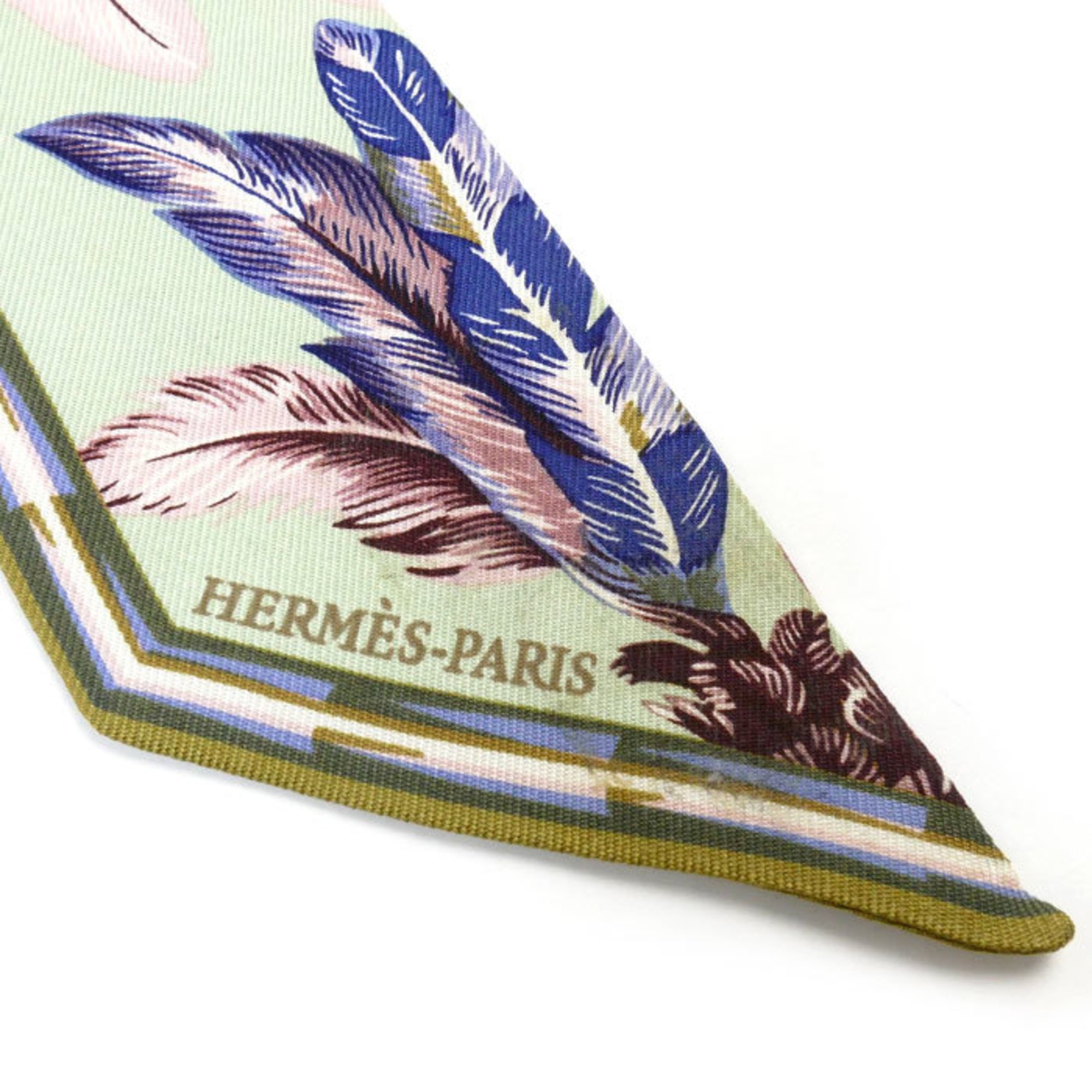 HERMES Twilly Brazilian Feather Scarf Muffler Green Multi Women's