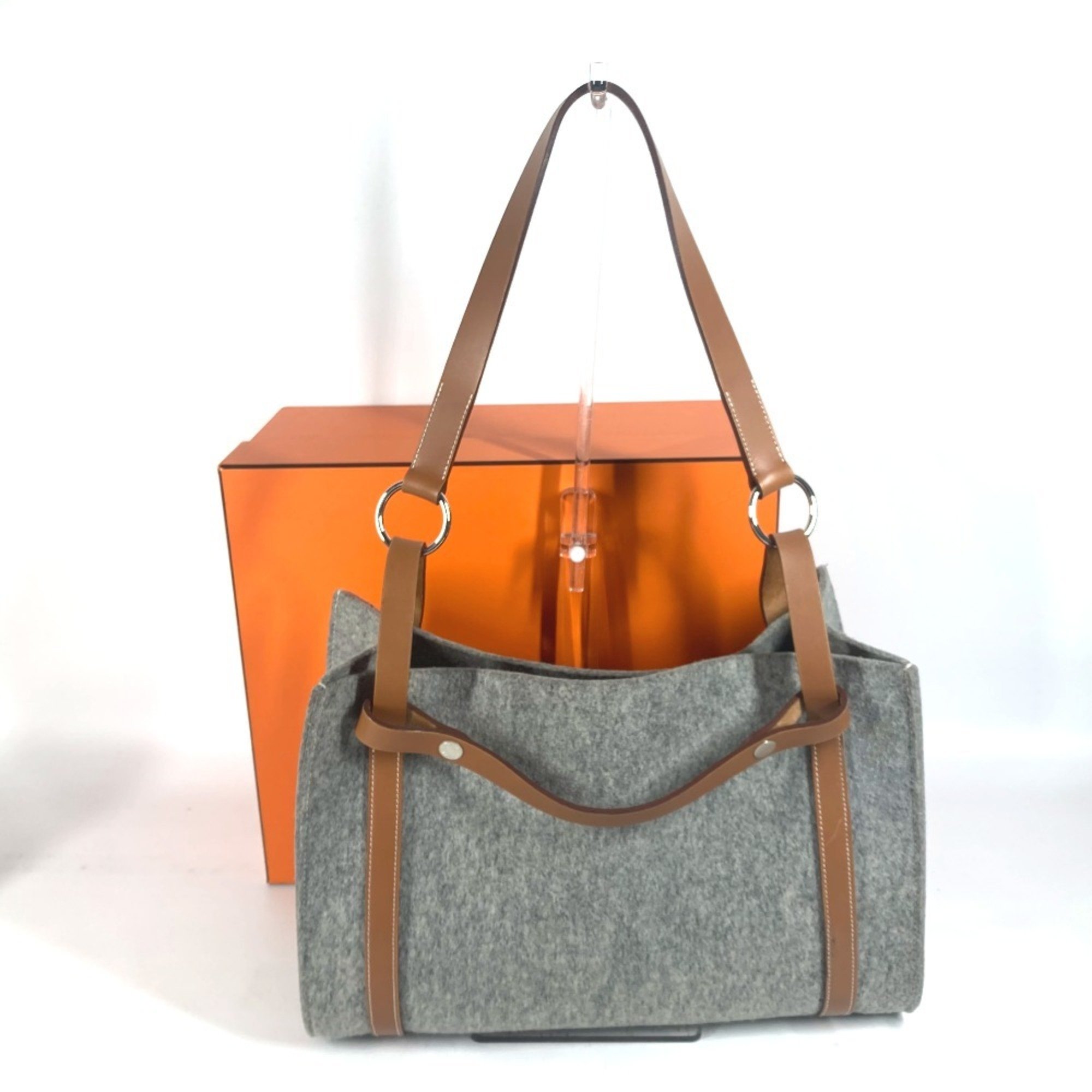 HERMES Cavallic Tote Bag Shoulder Felt Leather Women's Grey