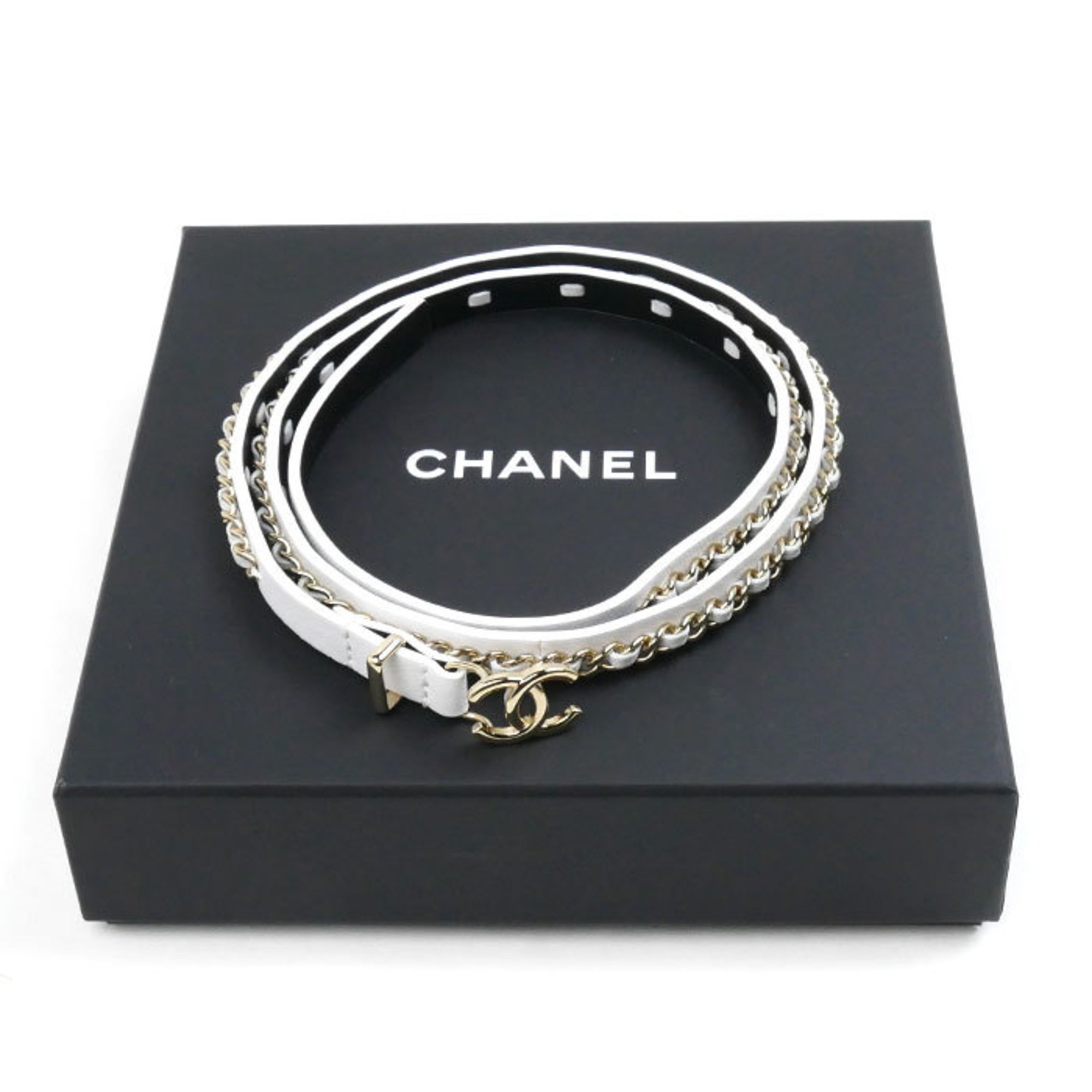 CHANEL Leather/Chain Coco Buckle Belt White Gold 75/30 Women's B22S