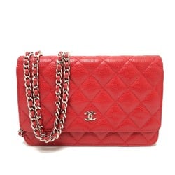 CHANEL AP0250 CC Coco Mark Classic Chain Wallet Bag Shoulder Caviar Skin Women's Red