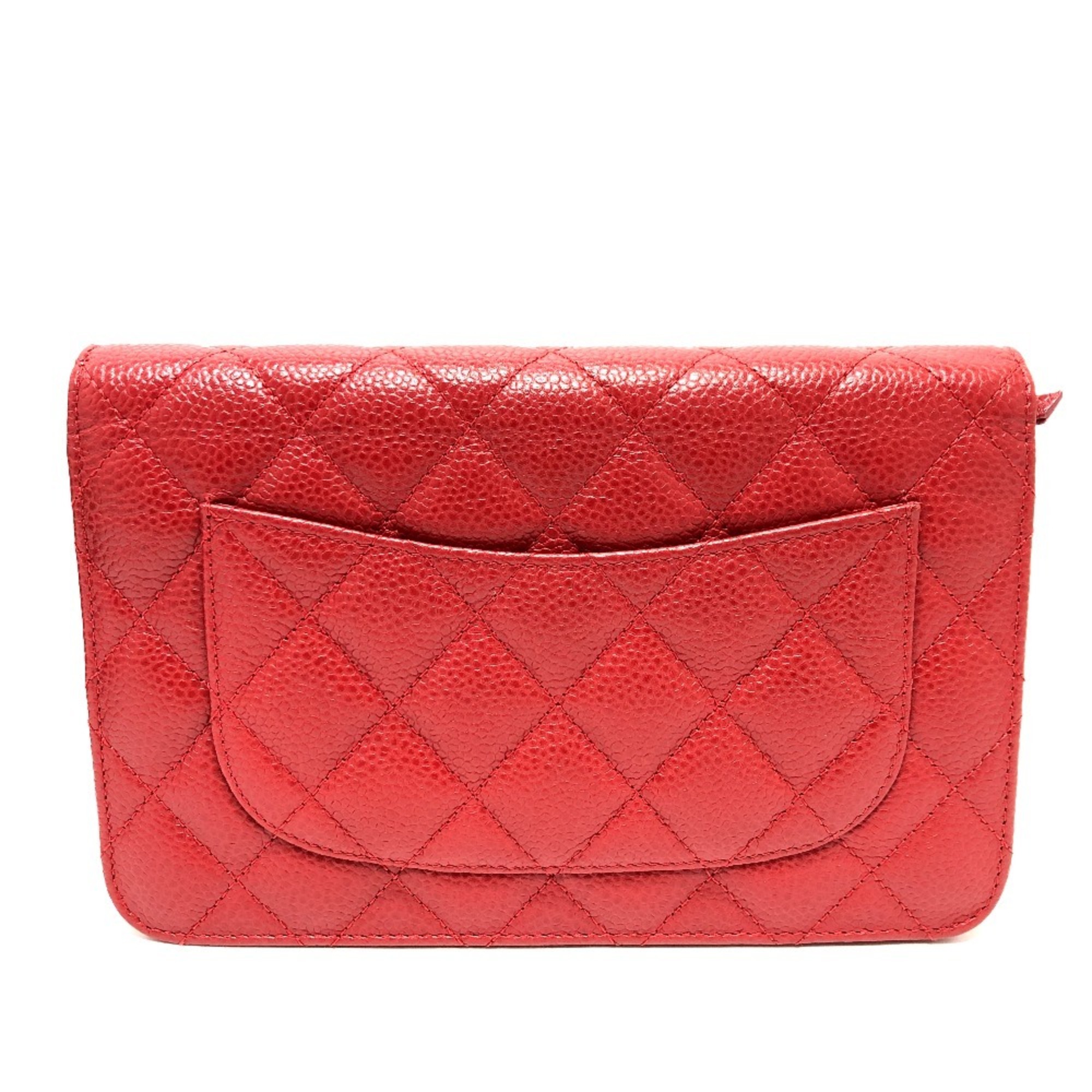 CHANEL AP0250 CC Coco Mark Classic Chain Wallet Bag Shoulder Caviar Skin Women's Red