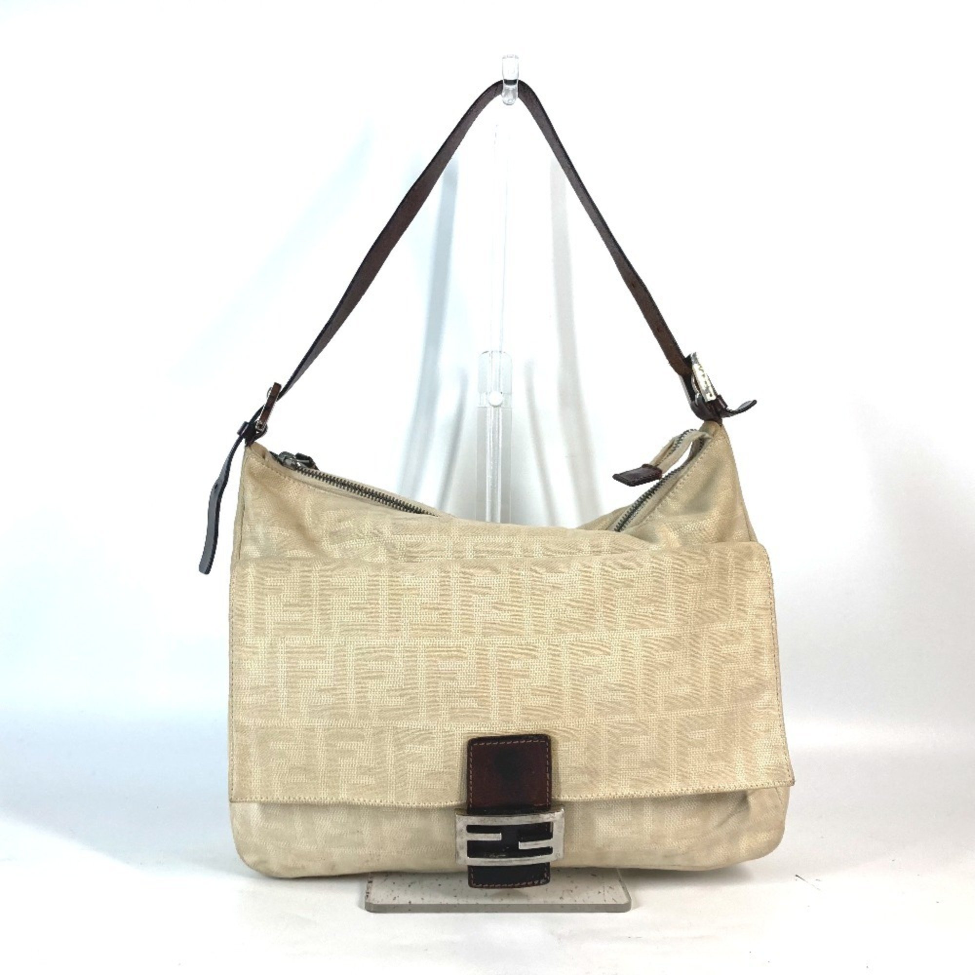 FENDI ZUCCA Mamma Bucket Shoulder Bag Canvas Leather Women's Beige