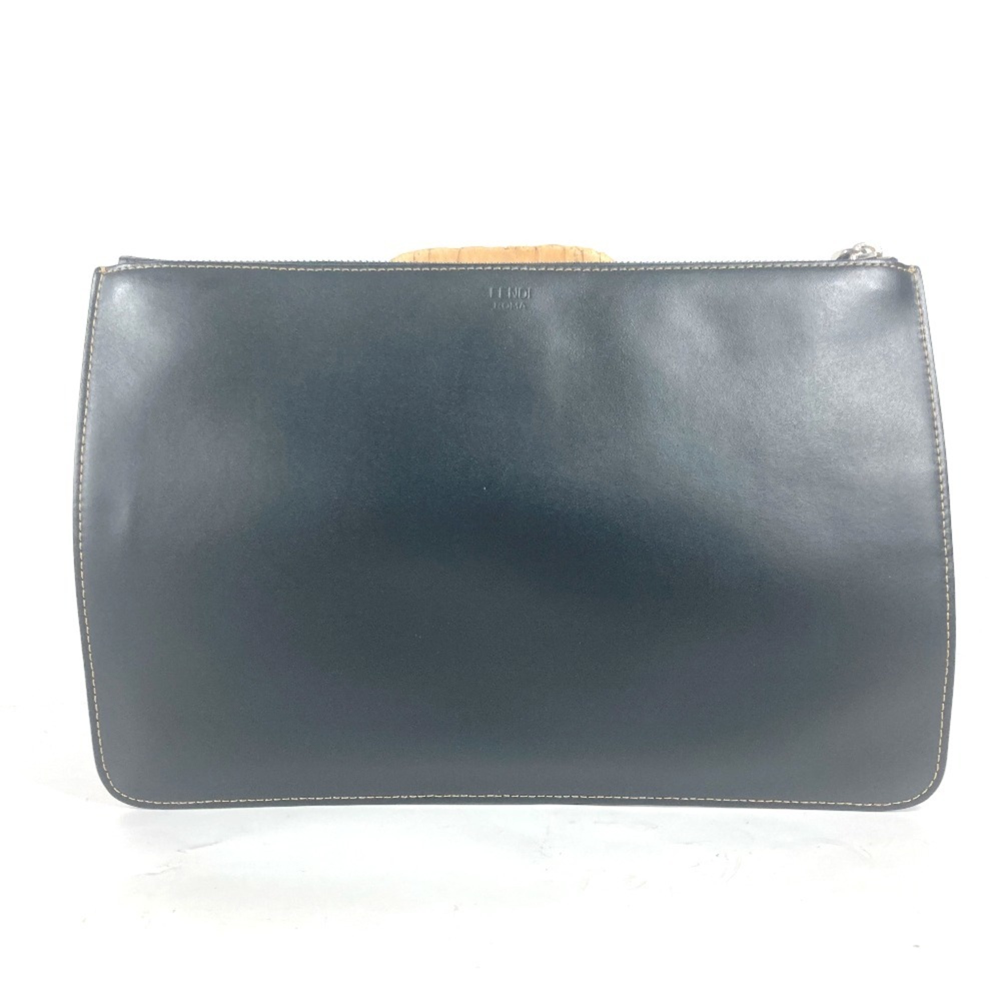 FENDI 7N0078 Pouch Zucca Clutch Bag Leather Men's Black