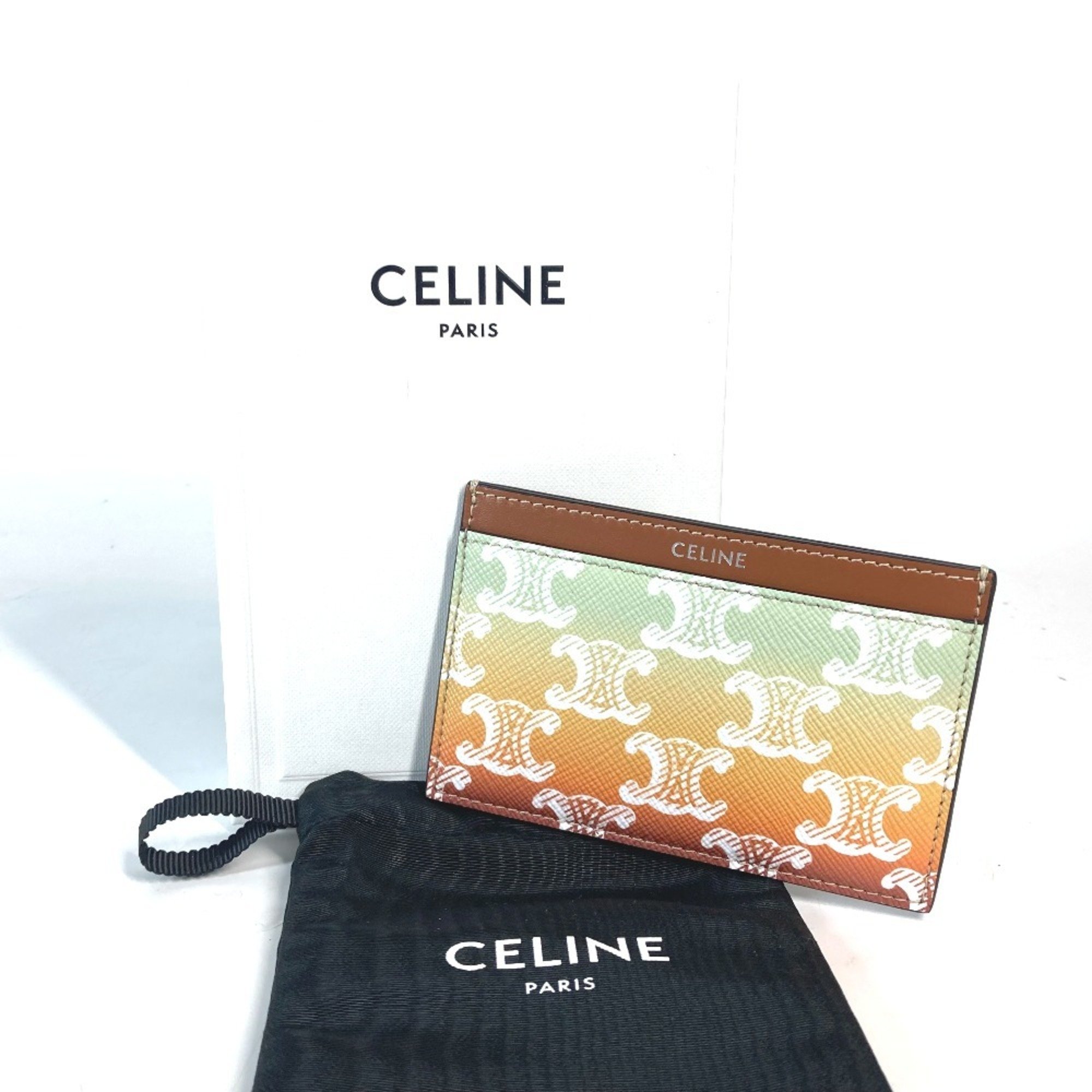 CELINE Triomphe Gradient Business Card Holder Pass Case Holder/Card Leather Women's Orange