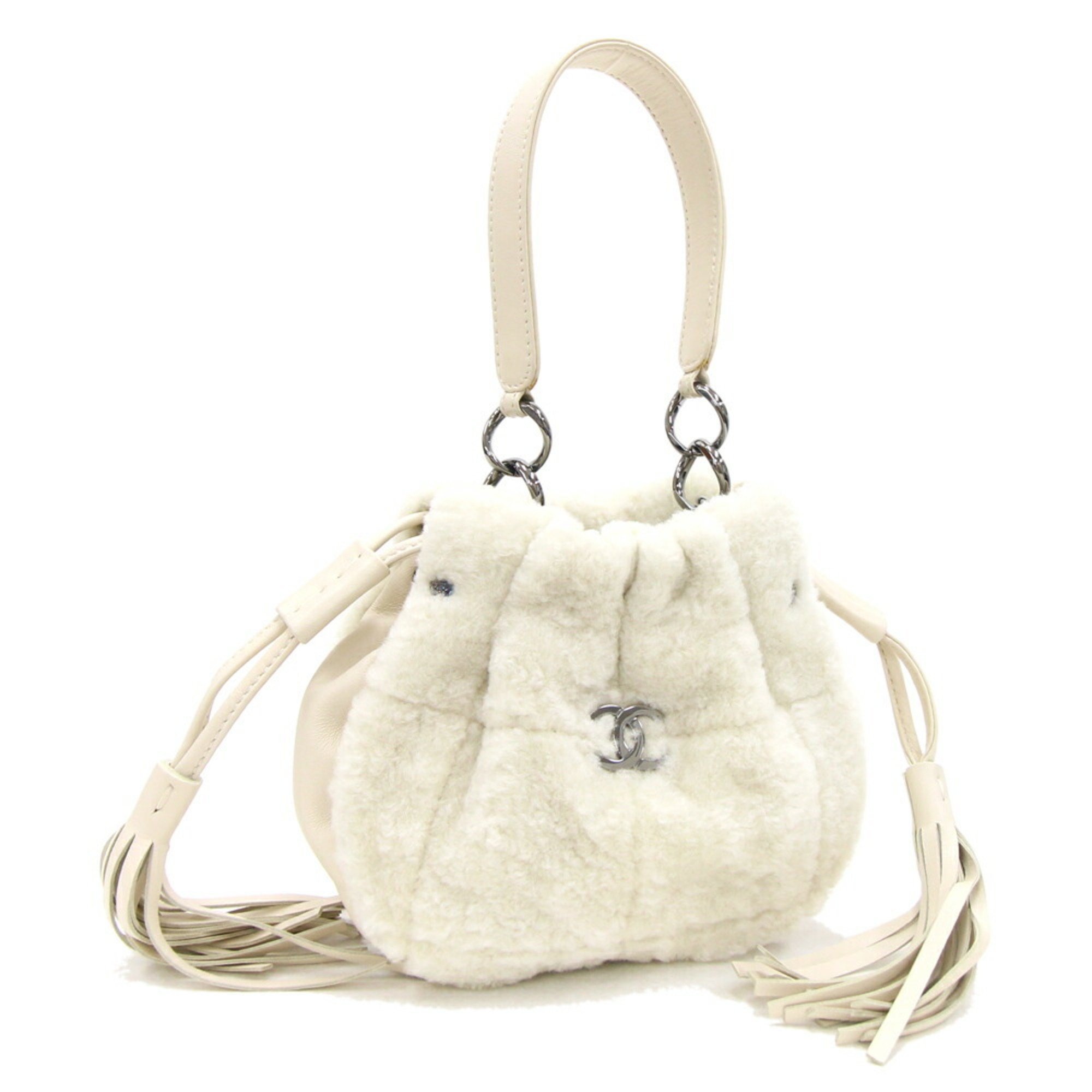 Chanel handbag ivory wool fur leather coco mark tassel bag women's CHANEL