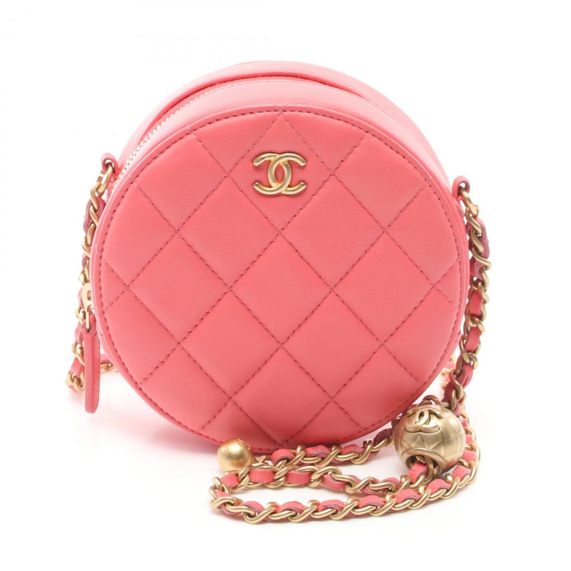 CHANEL Matelasse Round Shoulder Bag, Lambskin, Women's, Pink