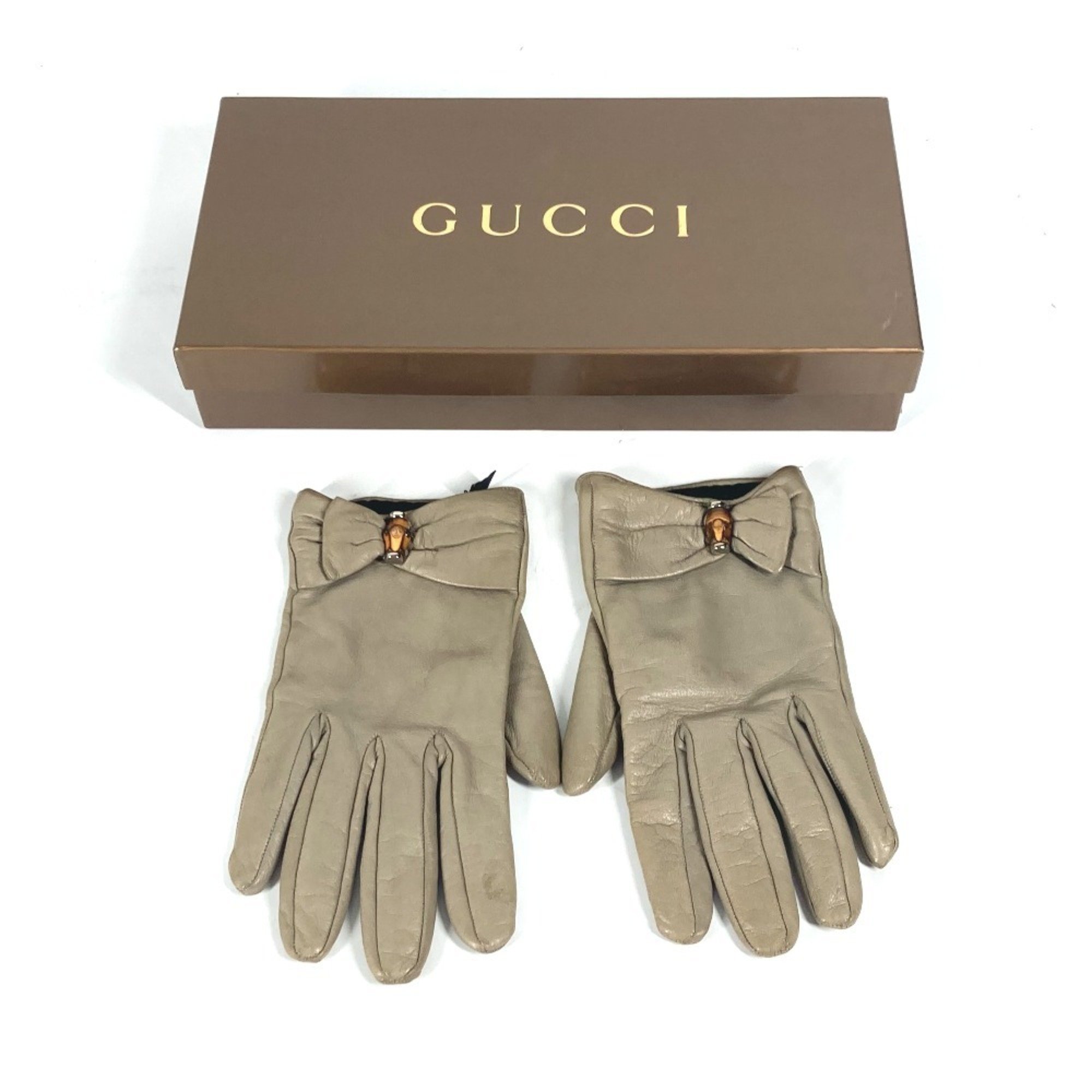 GUCCI Gucci Ribbon Wood Bamboo Gloves Leather Women's Beige