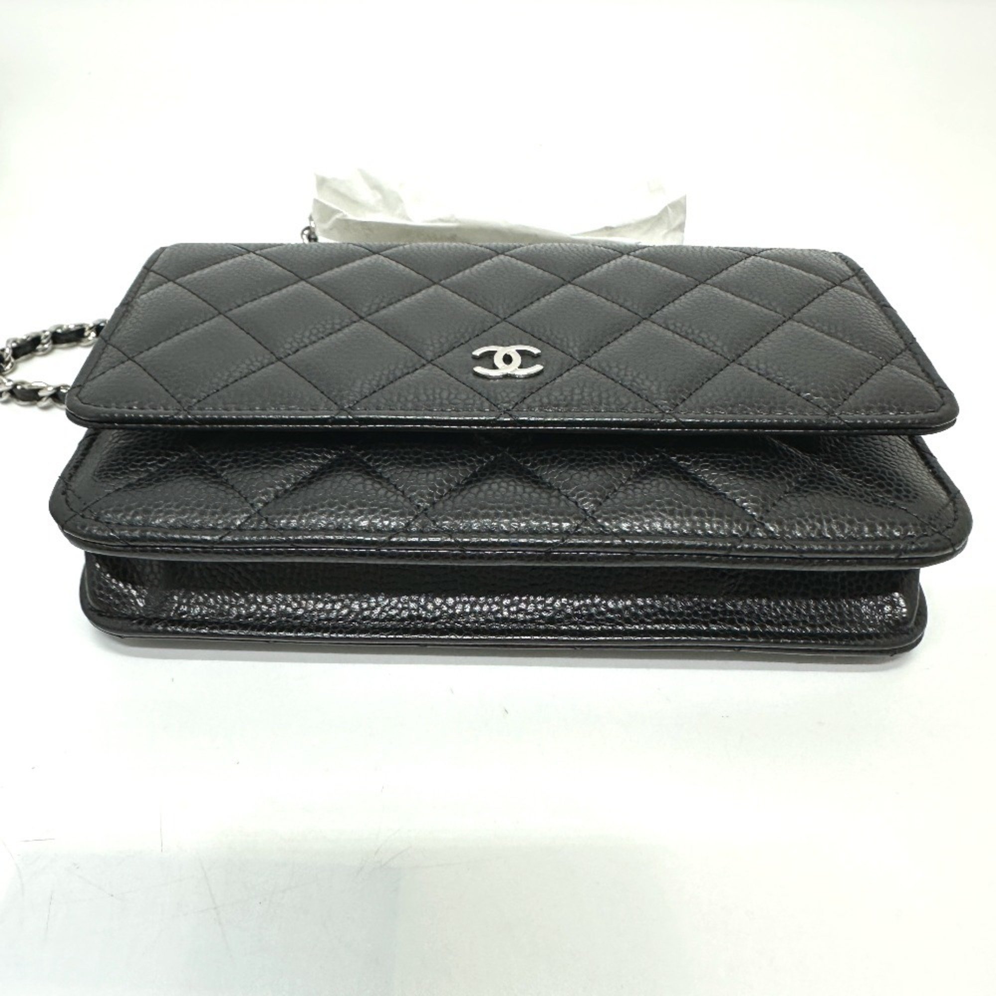 CHANEL AP0250 Matelasse Coco Mark Classic Chain Wallet Shoulder Bag Caviar Skin Women's Black