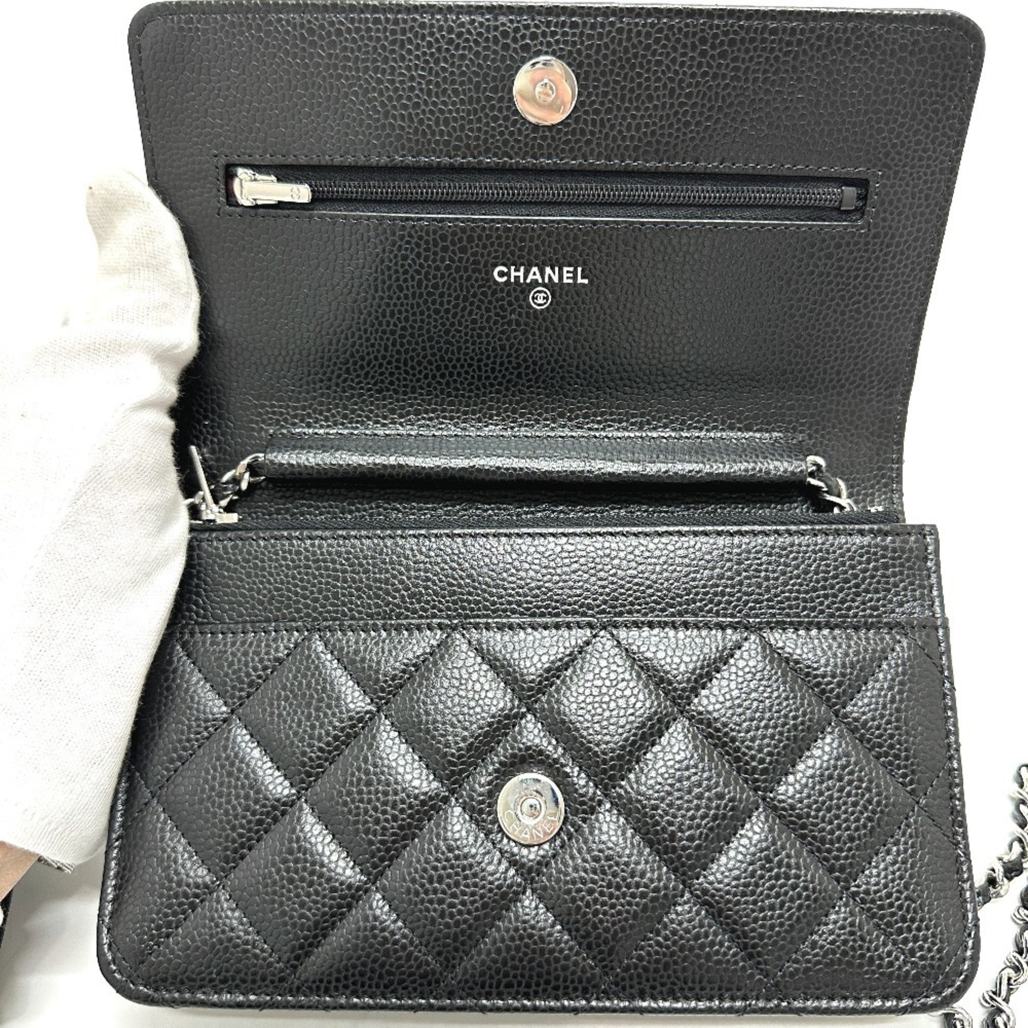 CHANEL AP0250 Matelasse Coco Mark Classic Chain Wallet Shoulder Bag Caviar Skin Women's Black