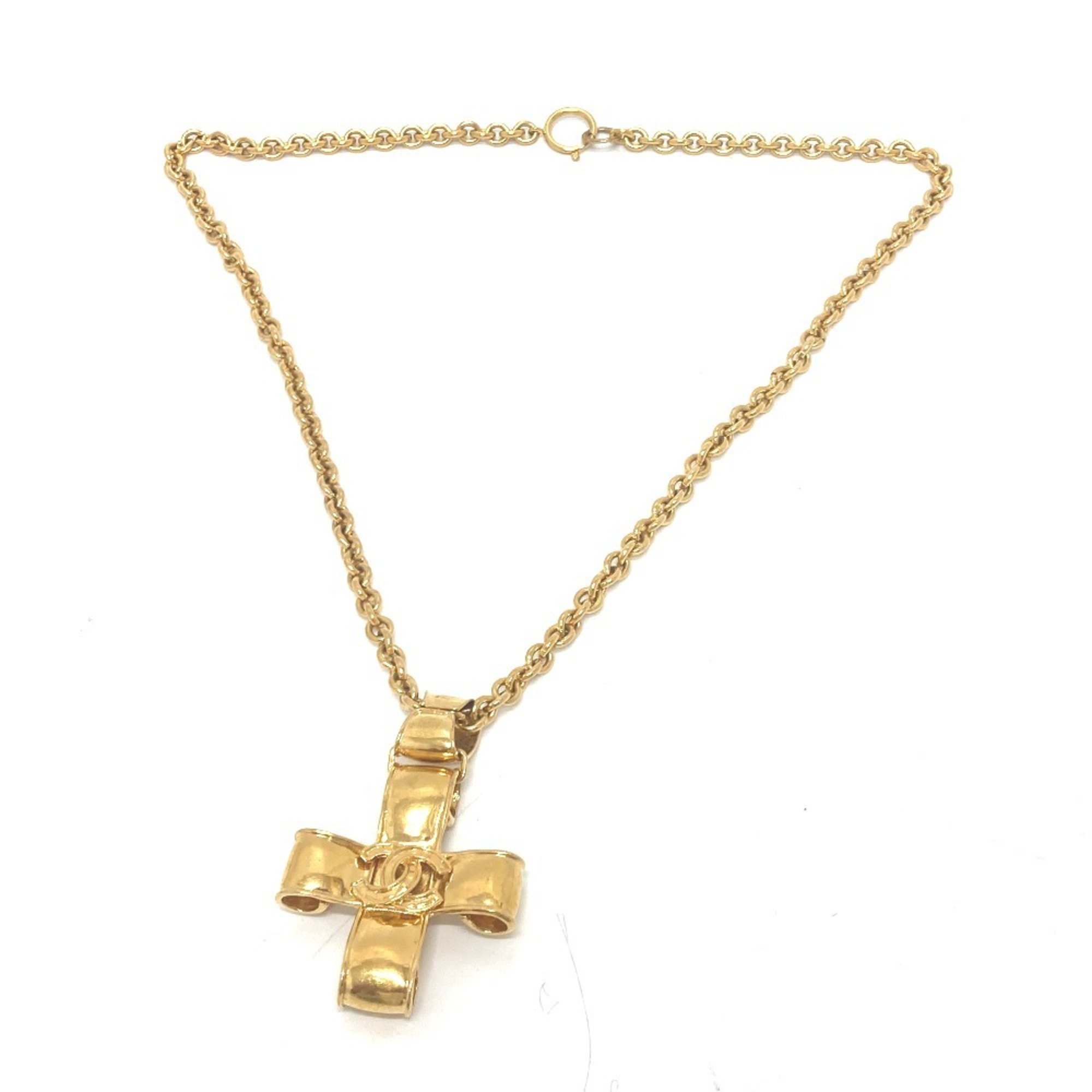 CHANEL 94P Coco Mark Chain Cross Necklace Metal Women's Gold