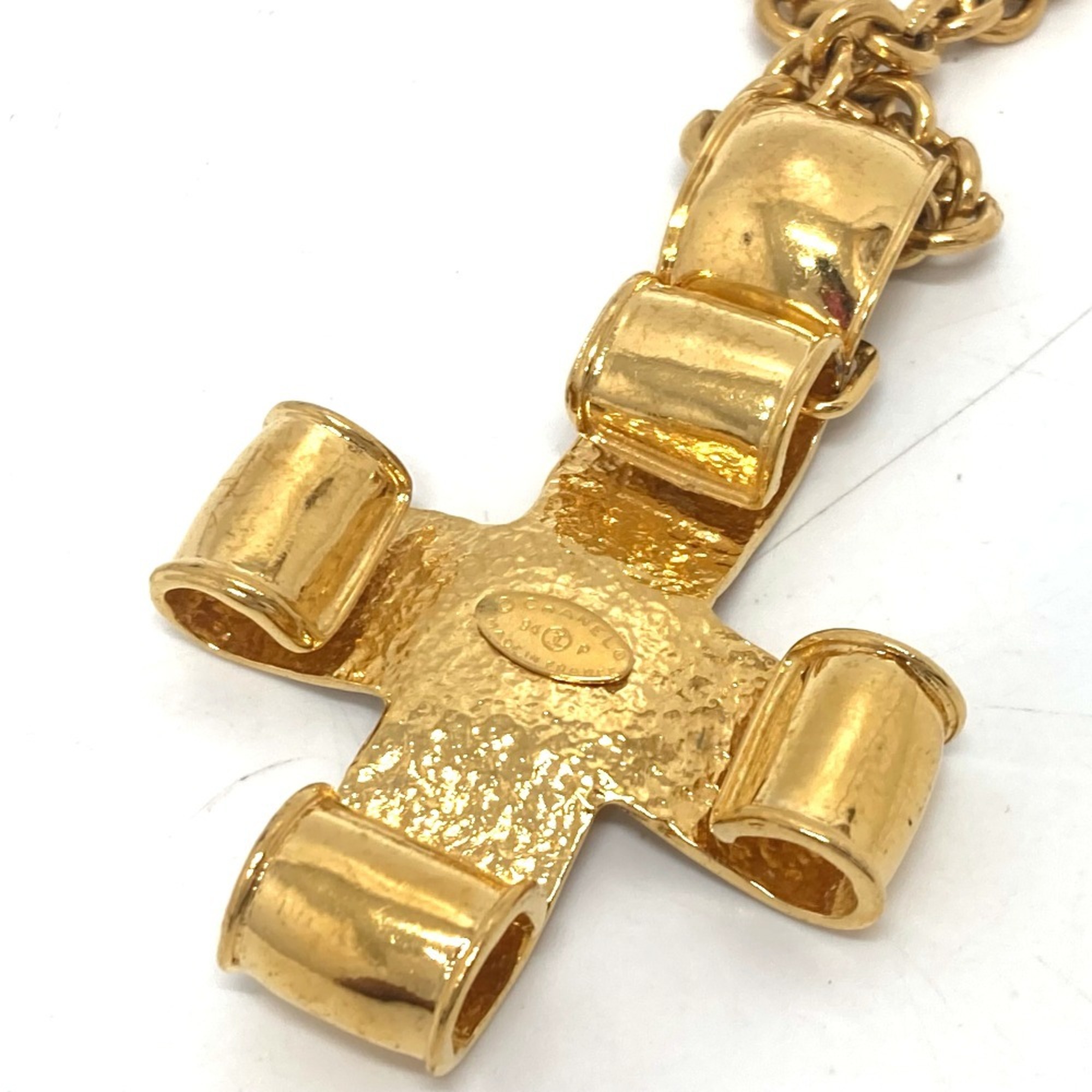 CHANEL 94P Coco Mark Chain Cross Necklace Metal Women's Gold