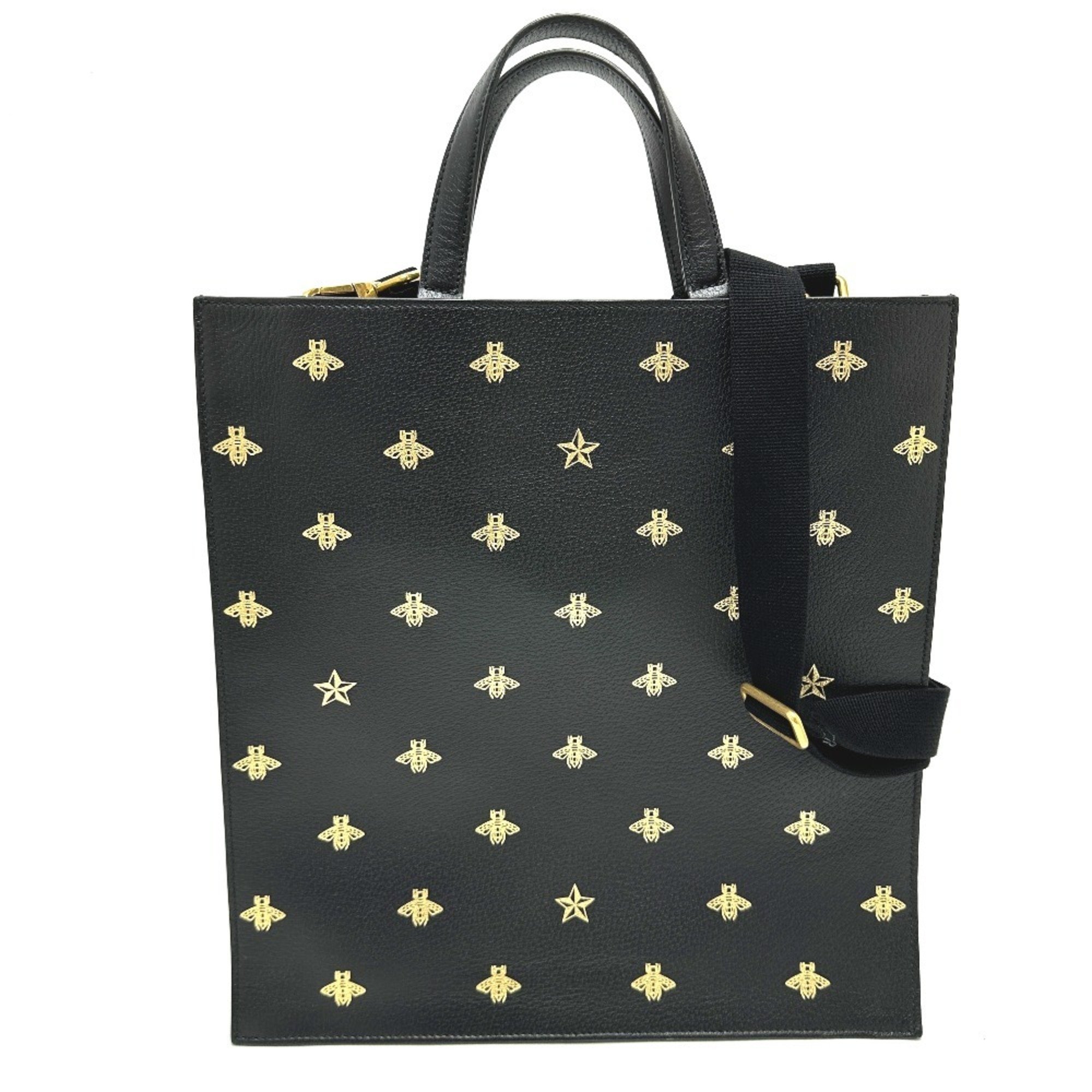 GUCCI 495444 Bee & Star Shoulder Bag Tote Leather Men's Black