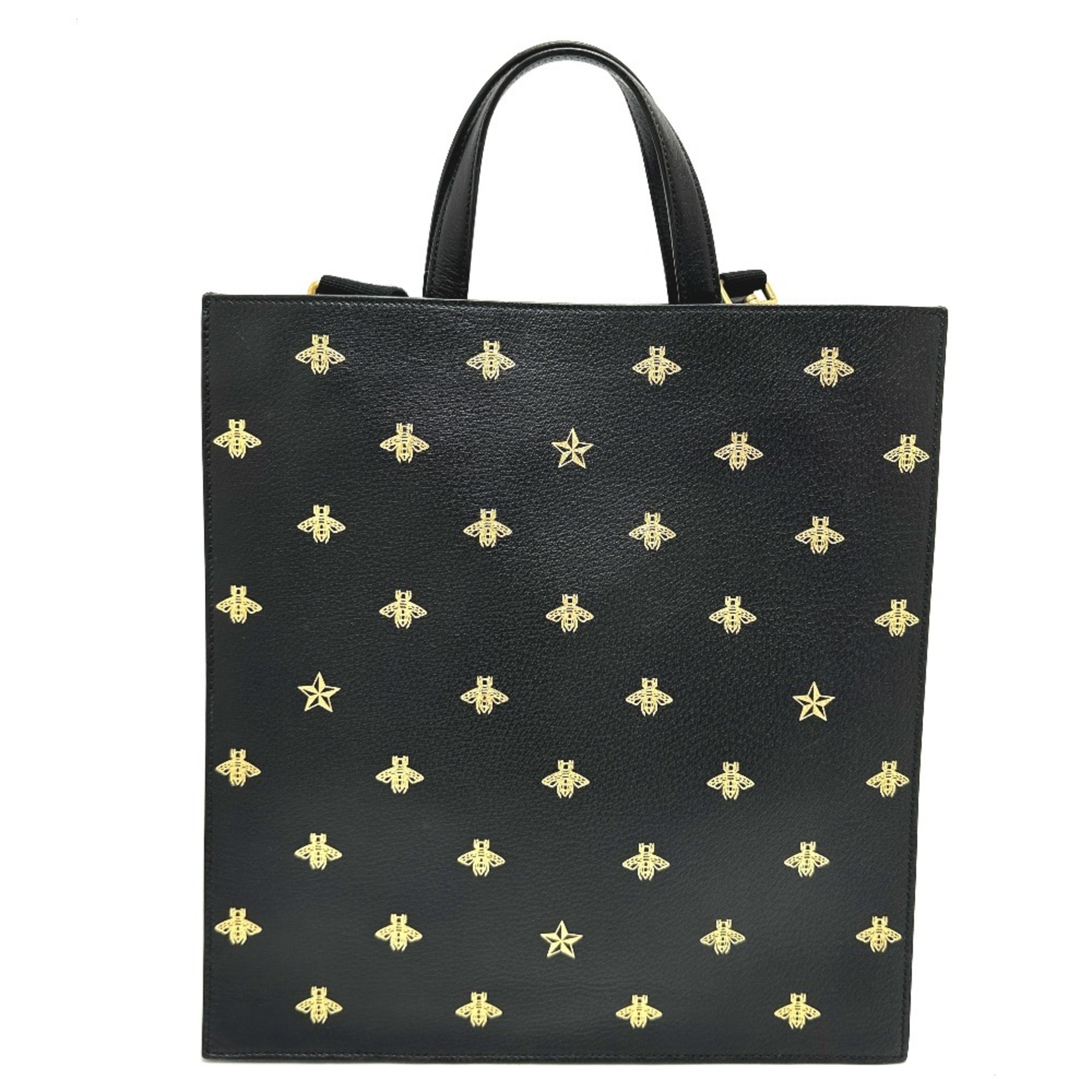 GUCCI 495444 Bee & Star Shoulder Bag Tote Leather Men's Black