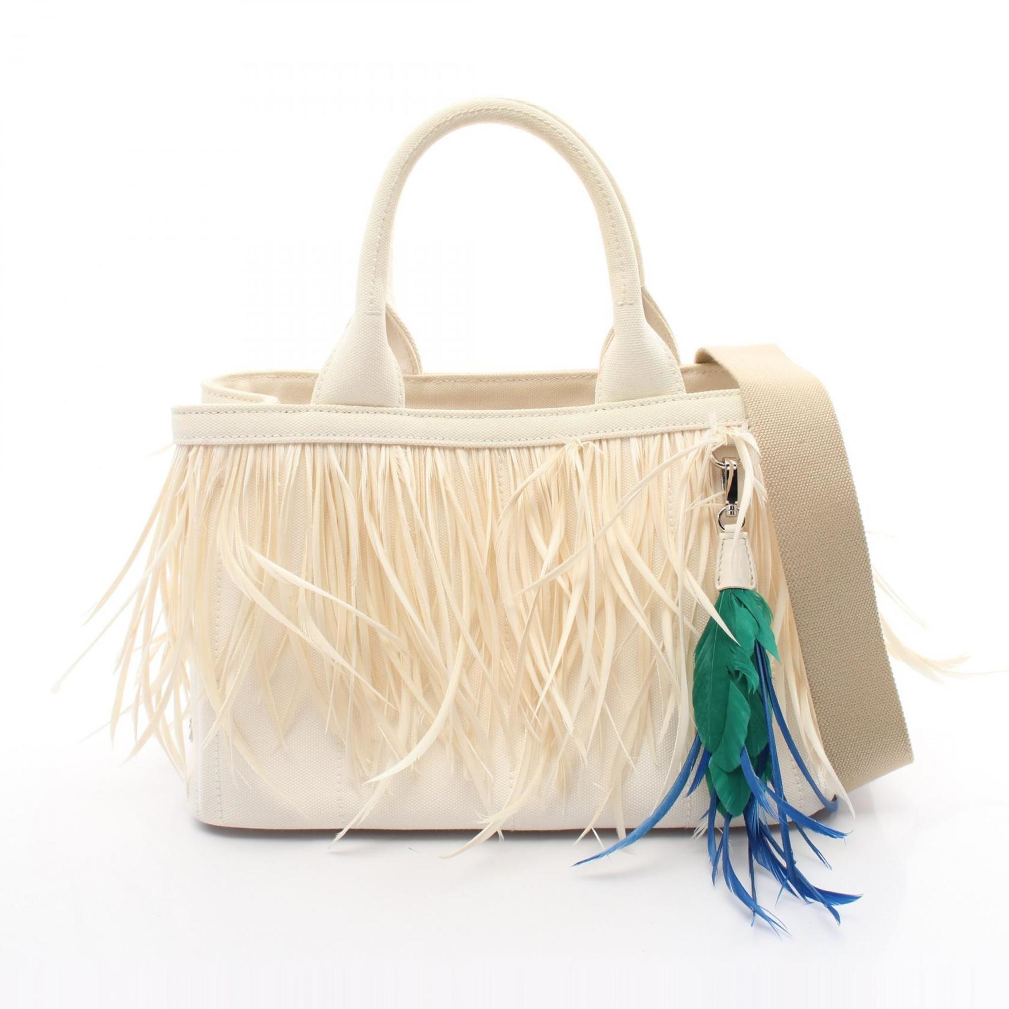 PRADA CANAPA Plume Tote Bag Canvas Feather Women's White 1BG439