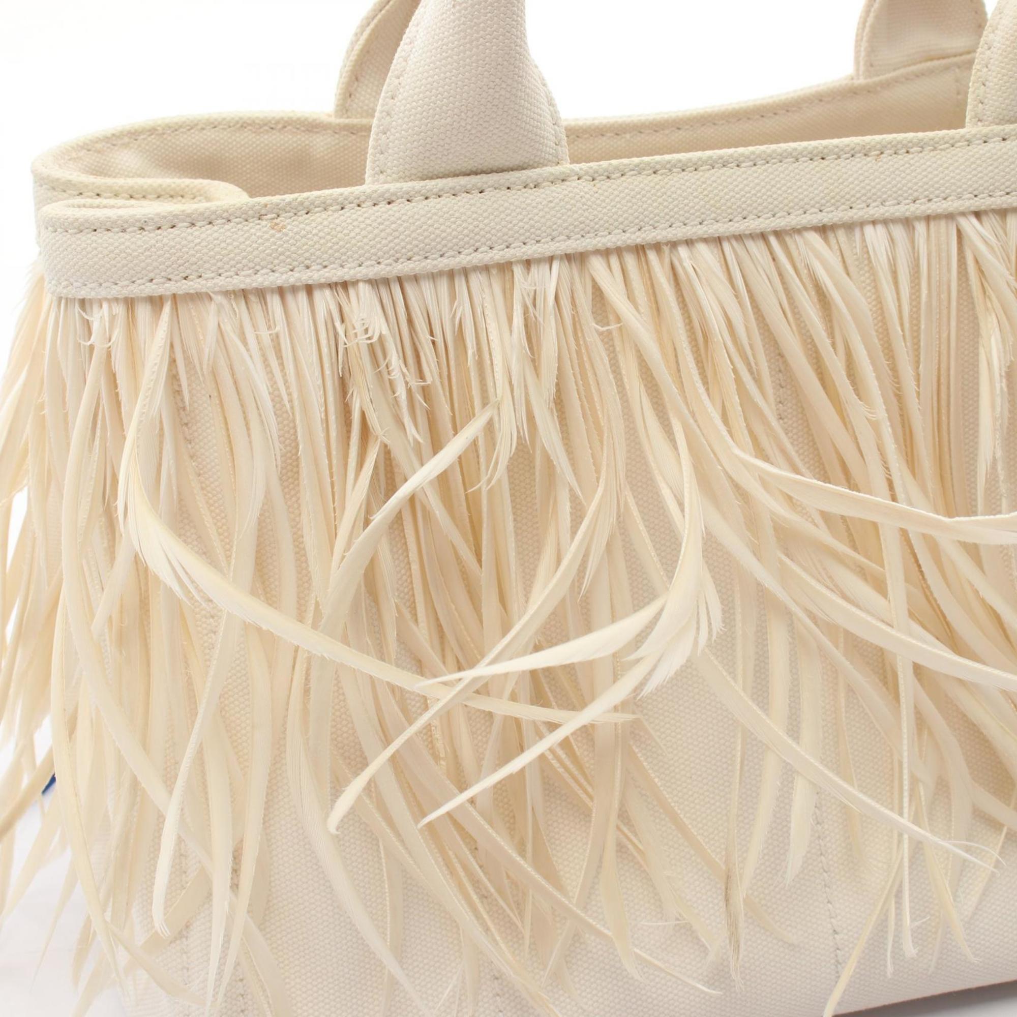 PRADA CANAPA Plume Tote Bag Canvas Feather Women's White 1BG439