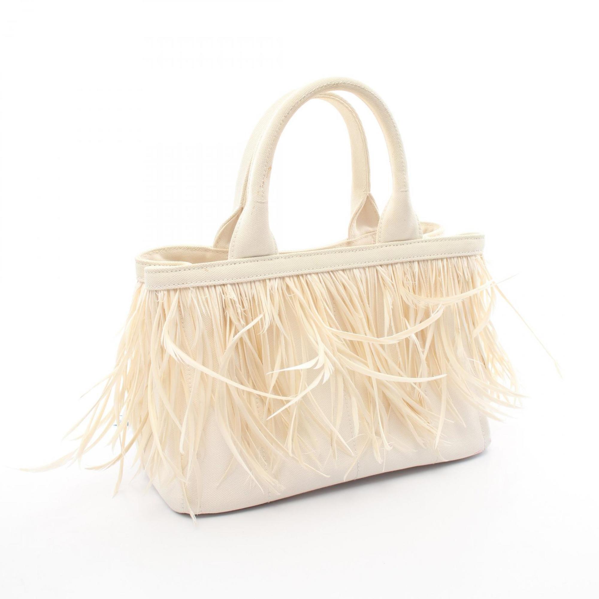 PRADA CANAPA Plume Tote Bag Canvas Feather Women's White 1BG439