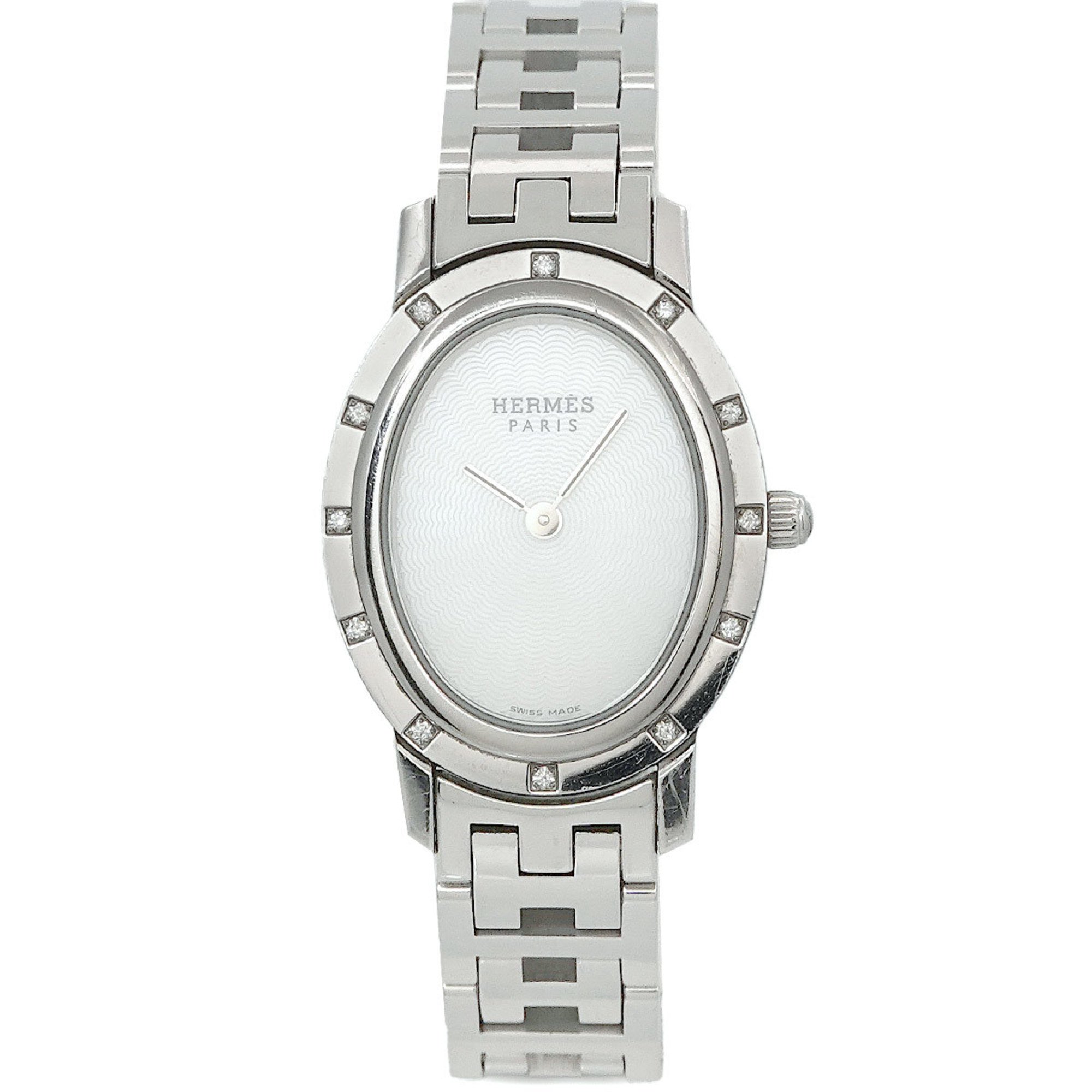 Hermes HERMES Clipper Nacle Oval CO1 230 Ladies' Watch Diamond Bezel White Shell Quartz